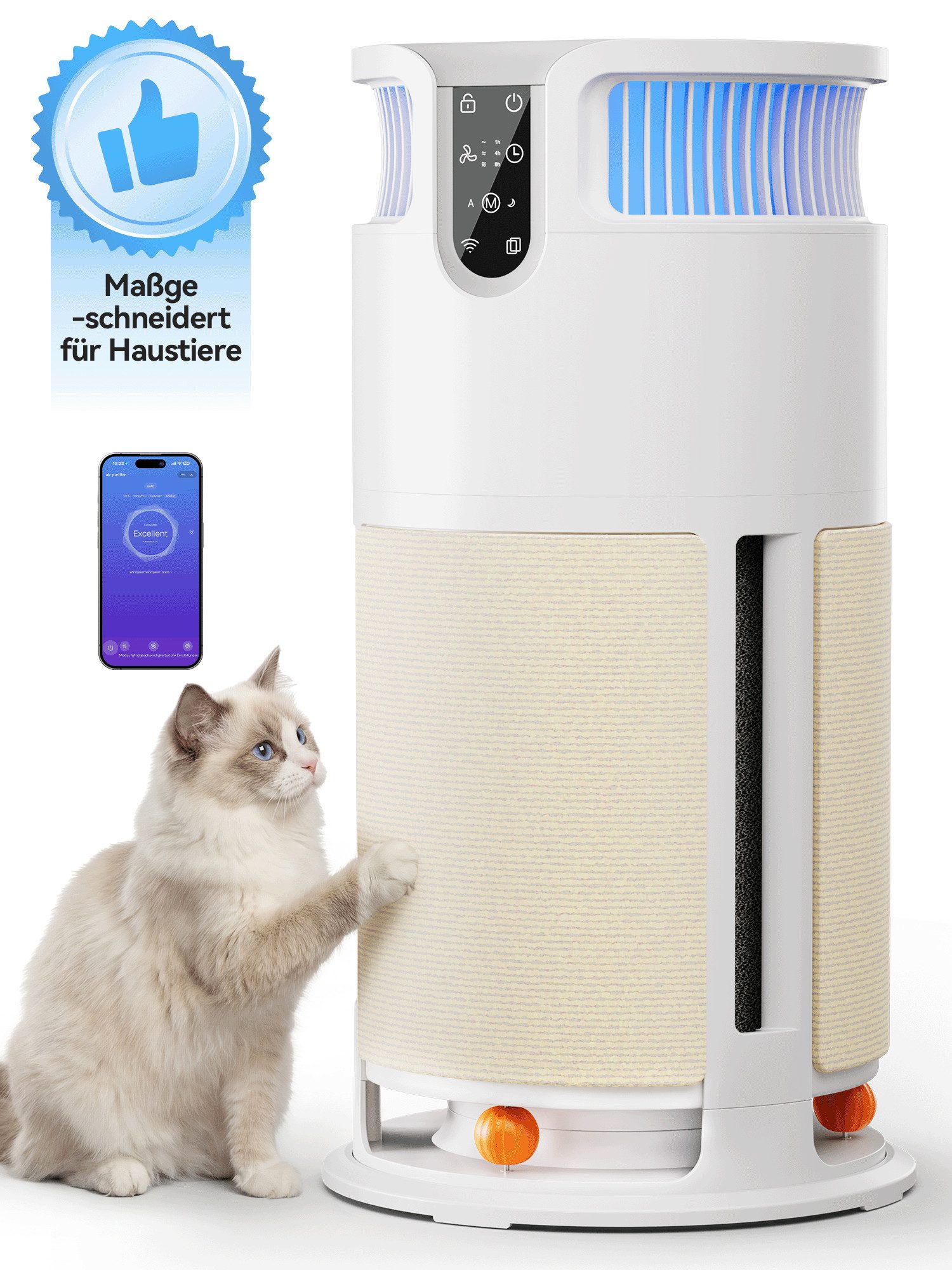 HOMALL Luftreiniger Haustier-Luftreiniger,4-stufig,APP-Fernsteuerung,CADR 350 m³/h, für 85 m² Räume, Haustier-Design, Negative Ionenschicht