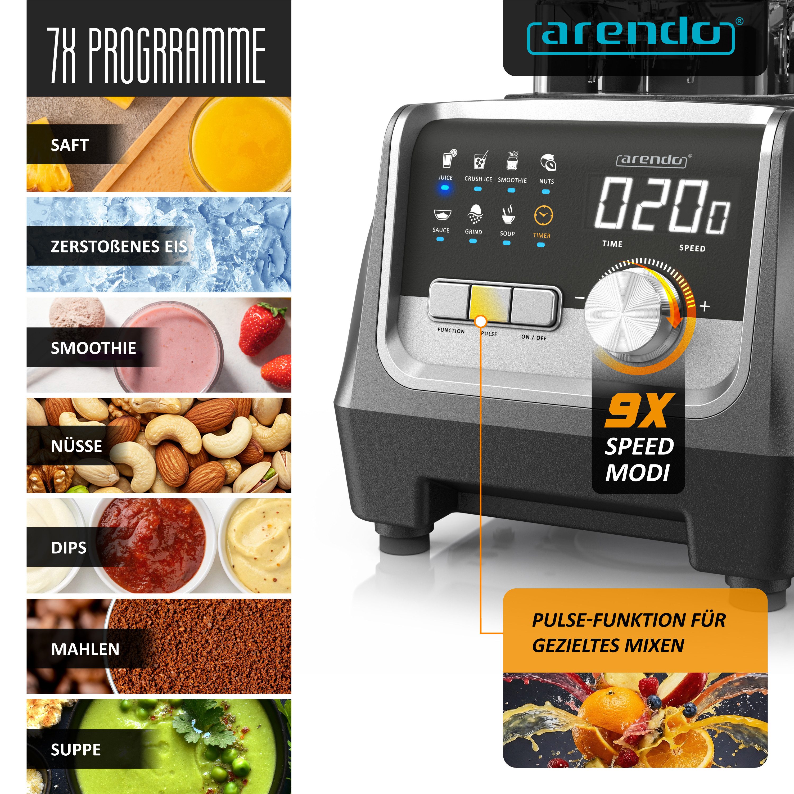 Arendo Standmixer Edelstahl Hochleistungsmixer 2000W, Display, 9 Geschwindigkeitsstufen, 2000 W, 2L Behälter, 7 Programme, Timer & Pulse-Funktion für Smoothies & Eis