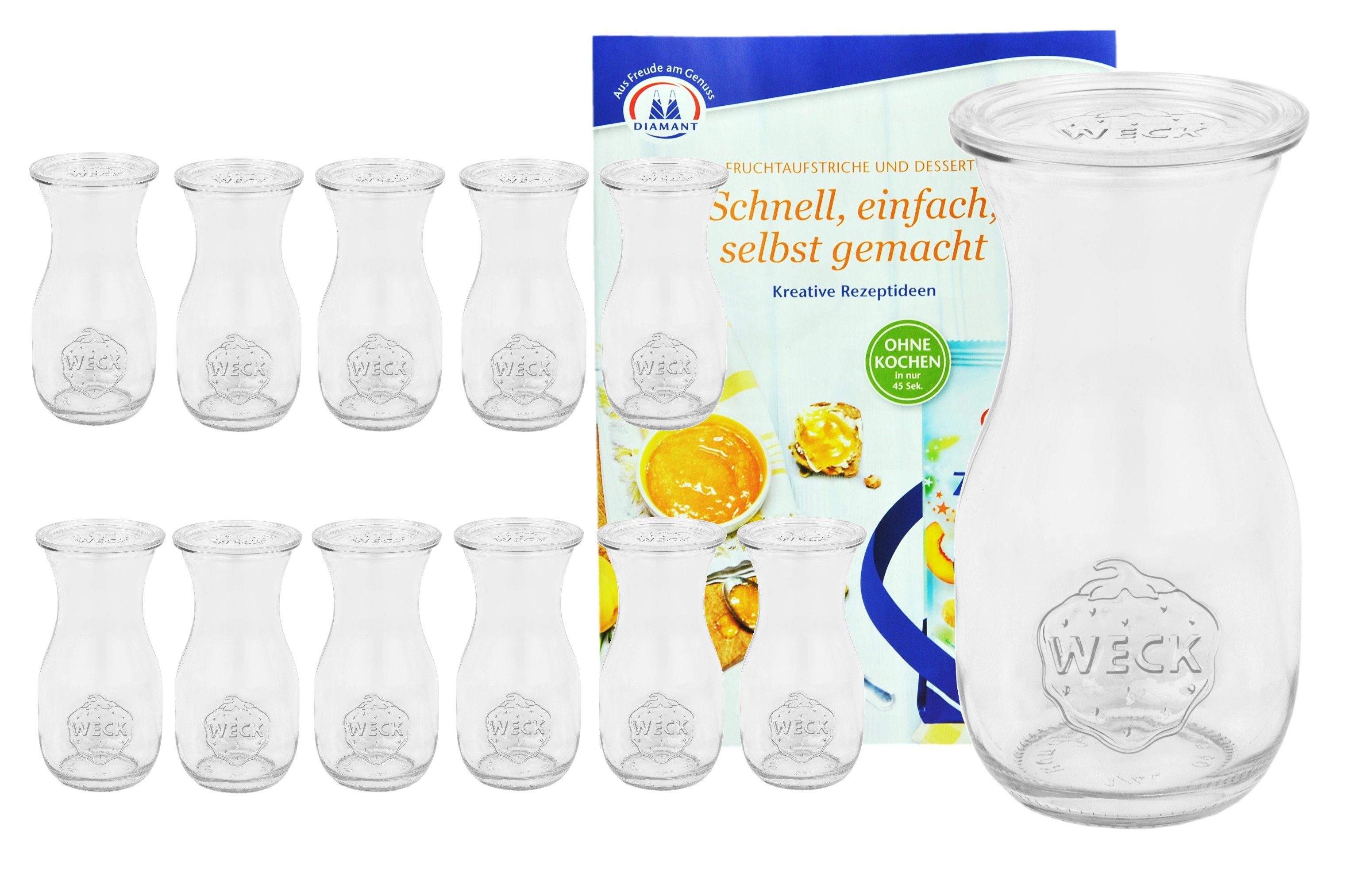 MamboCat Einmachglas 12er Set Weck Gläser 290ml Saftflasche mit 12 Glasdeckeln Rezeptheft, Glas