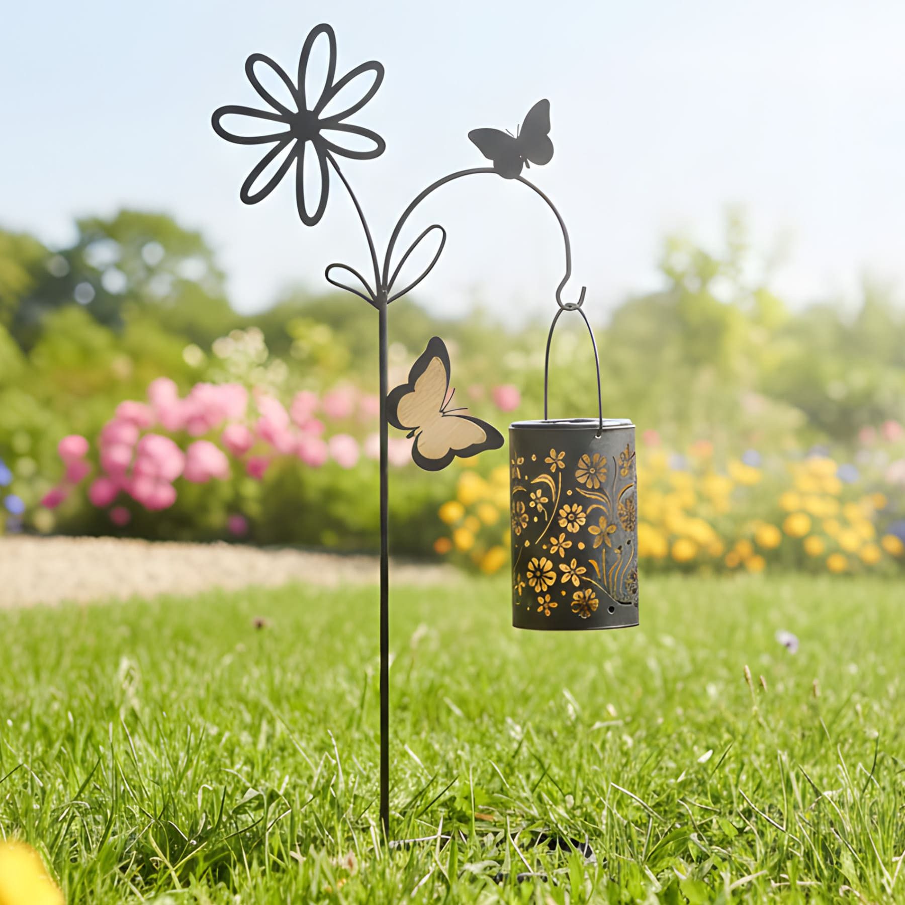 Dekoleidenschaft LED Laterne "Blüten" mit Ständer, Metall, schwarz, Solar Outdoor Hängelaterne, Gartenlaterne für Draußen, wetterfest, Solarlaterne Außen, Solarlampe