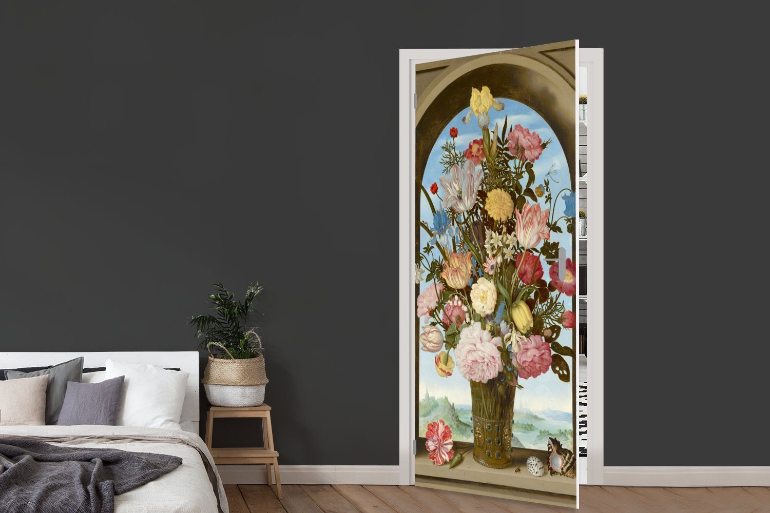 Fototapete 75x205 Matt, von einem in für Türaufkleber, Bosschaert, (1 Blumen bedruckt, Fenster Ambrosius Türtapete Tür, Vase - cm MuchoWow St), Gemälde mit