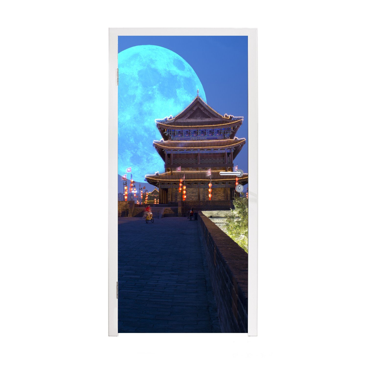 für (1 Mond MuchoWow - Blau, bedruckt, - Tür, Türtapete Matt, China 75x205 Fototapete Türaufkleber, St), cm