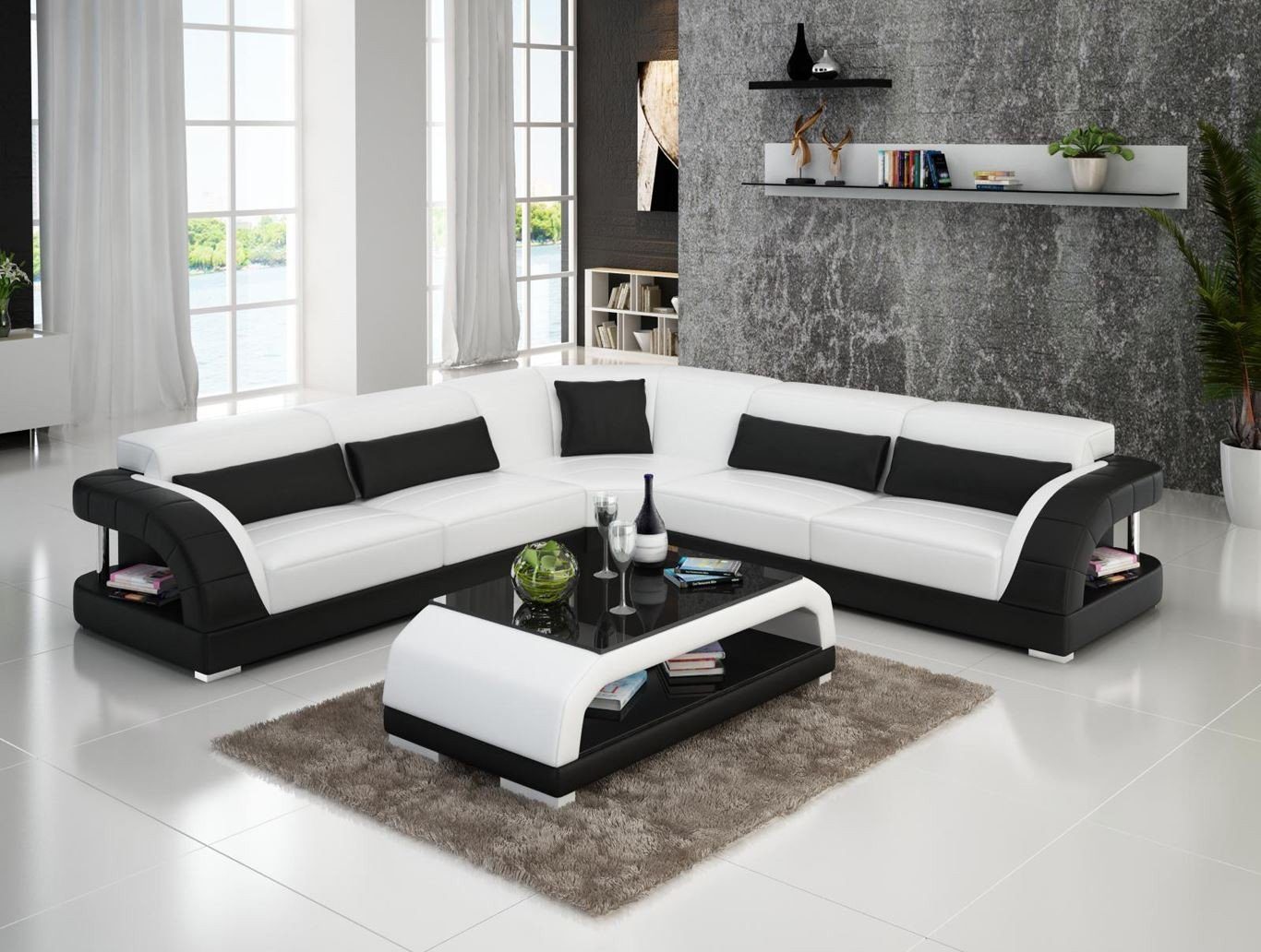 JVmoebel Ecksofa Couch Ecksofa Leder Wohnlandschaft Garnitur Design Modern, Made in Europe Weiß/Schwarz