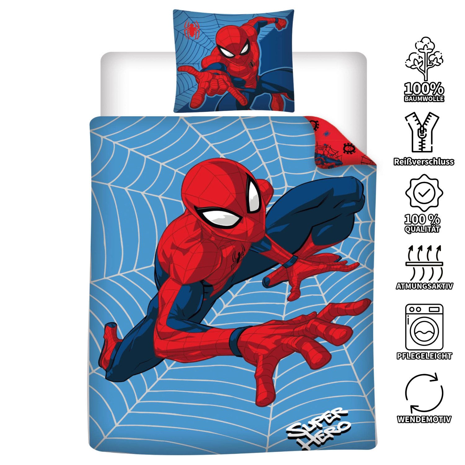 AY!Max Kinderbettwäsche Spiderman Bettwäsche Set Super Hero 135 x 200 cm 80 x 80 cm, 1 teilig, Langlebig
