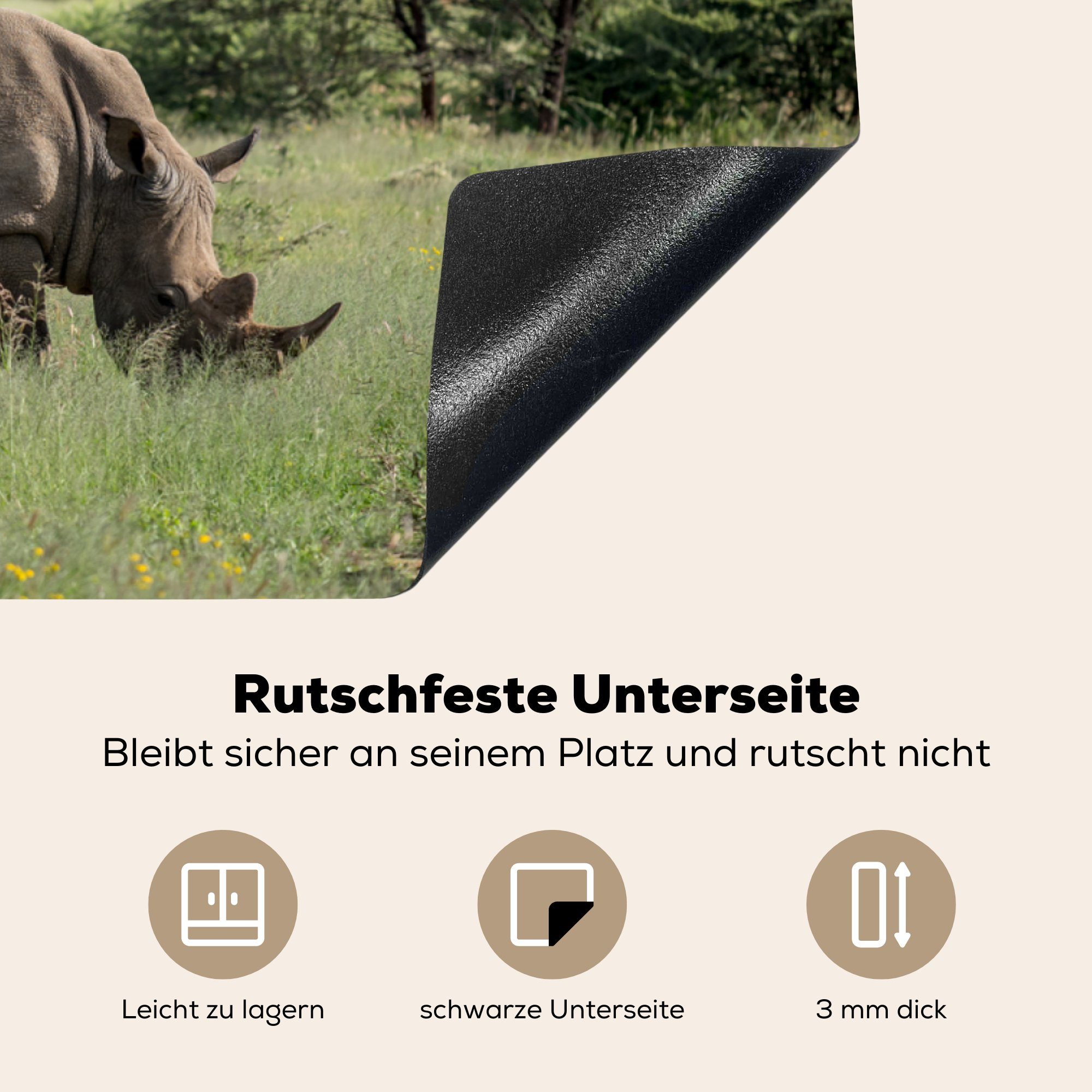 MuchoWow Rhinozeros Herdblende-/Abdeckplatte Vinyl, - Schutz 81x52 küche, tlg), Afrika, Ceranfeldabdeckung - für Induktionskochfeld (1 die Gras cm,