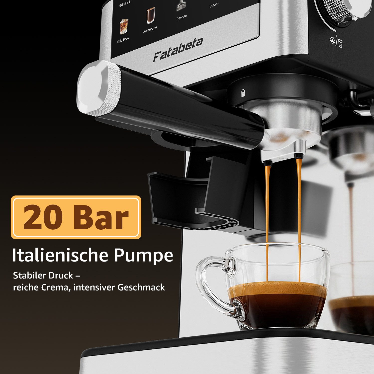 FATABETA Siebträgermaschine Espressomaschine 20 Bar Kaffeemaschine mit Mahlwerk bohnen & Milchaufschäumer, 30 Mahlgrade, Cold Brew, 1550W, Kapseladapter, für Zuhause