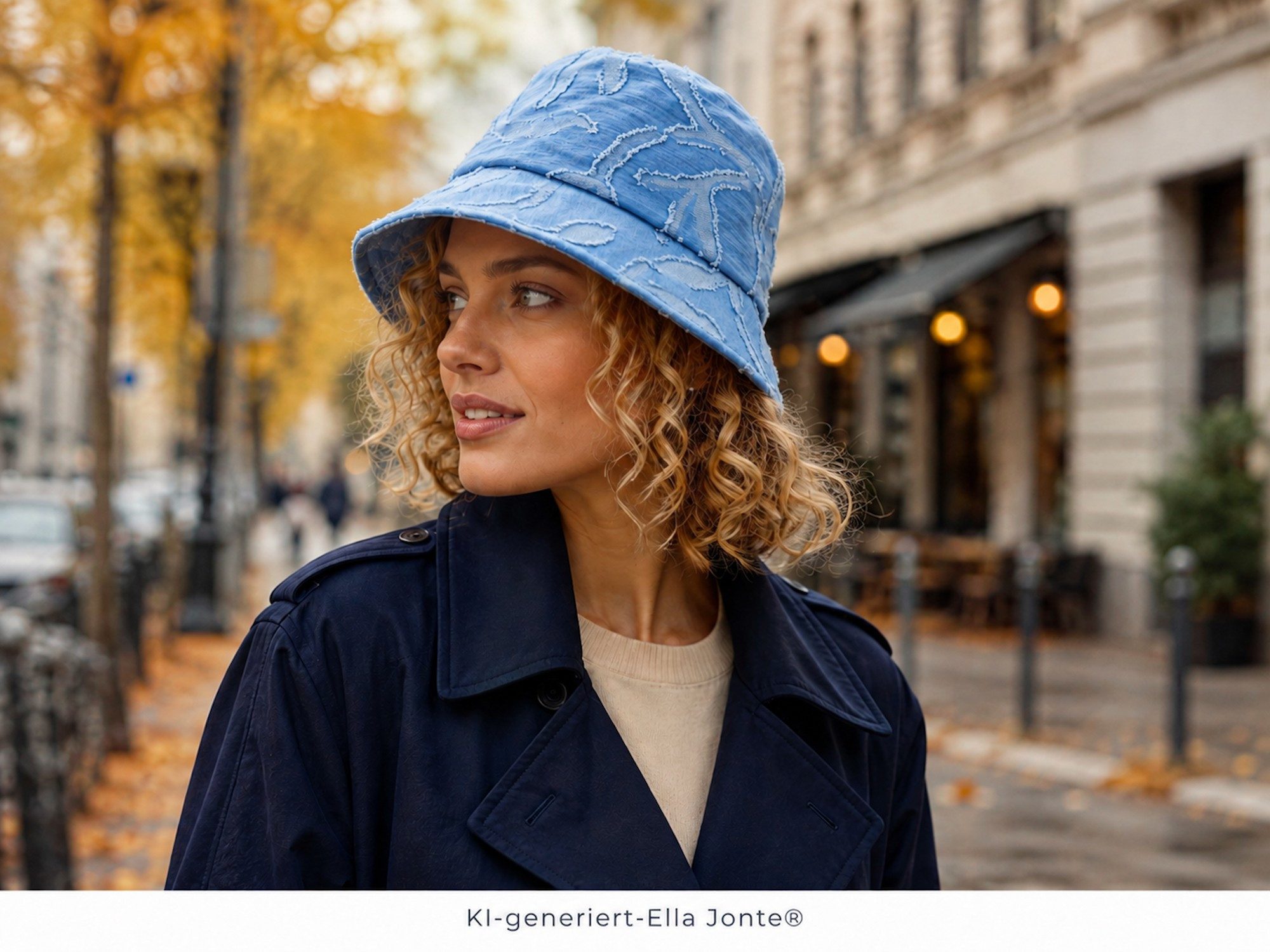 Ella Jonte Fischerhut Bucket Hat blau Jeansoptik mit 3D Fransen Muster verstellbar 54-58