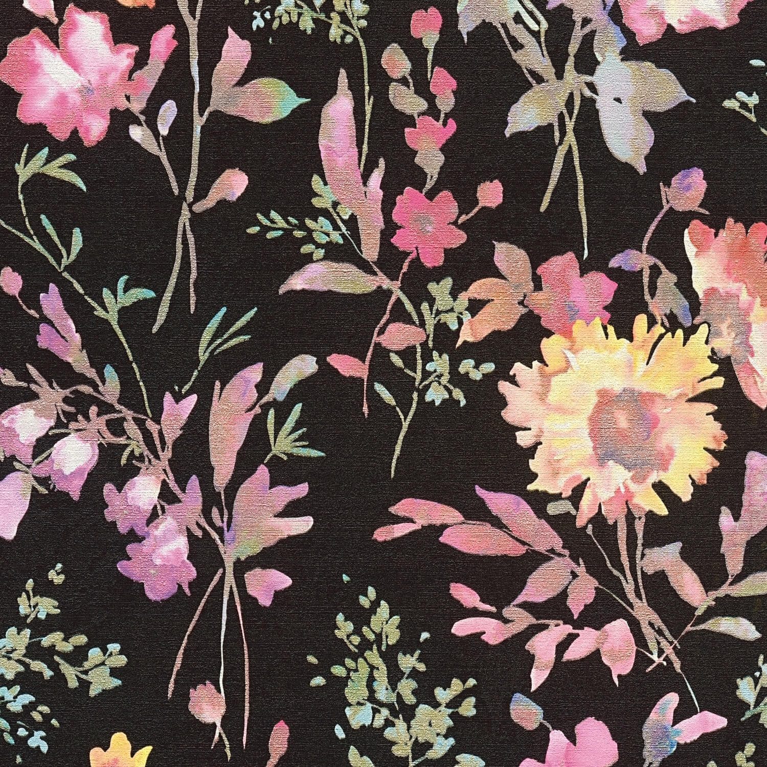 Profhome Vliestapete 790612-GU Blumen Tapete Floral metallische Akzente schwarz rosa gelb, geprägt, (1 Rolle, 5,33 qm), heißgeprägte Vliestapete, schwarz