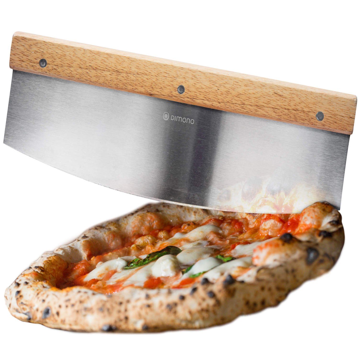 Dimono Pizzamesser Profi Pizzaschneider Wiegemesser Kräuter-Schneider Cutter mit Holz-Griff