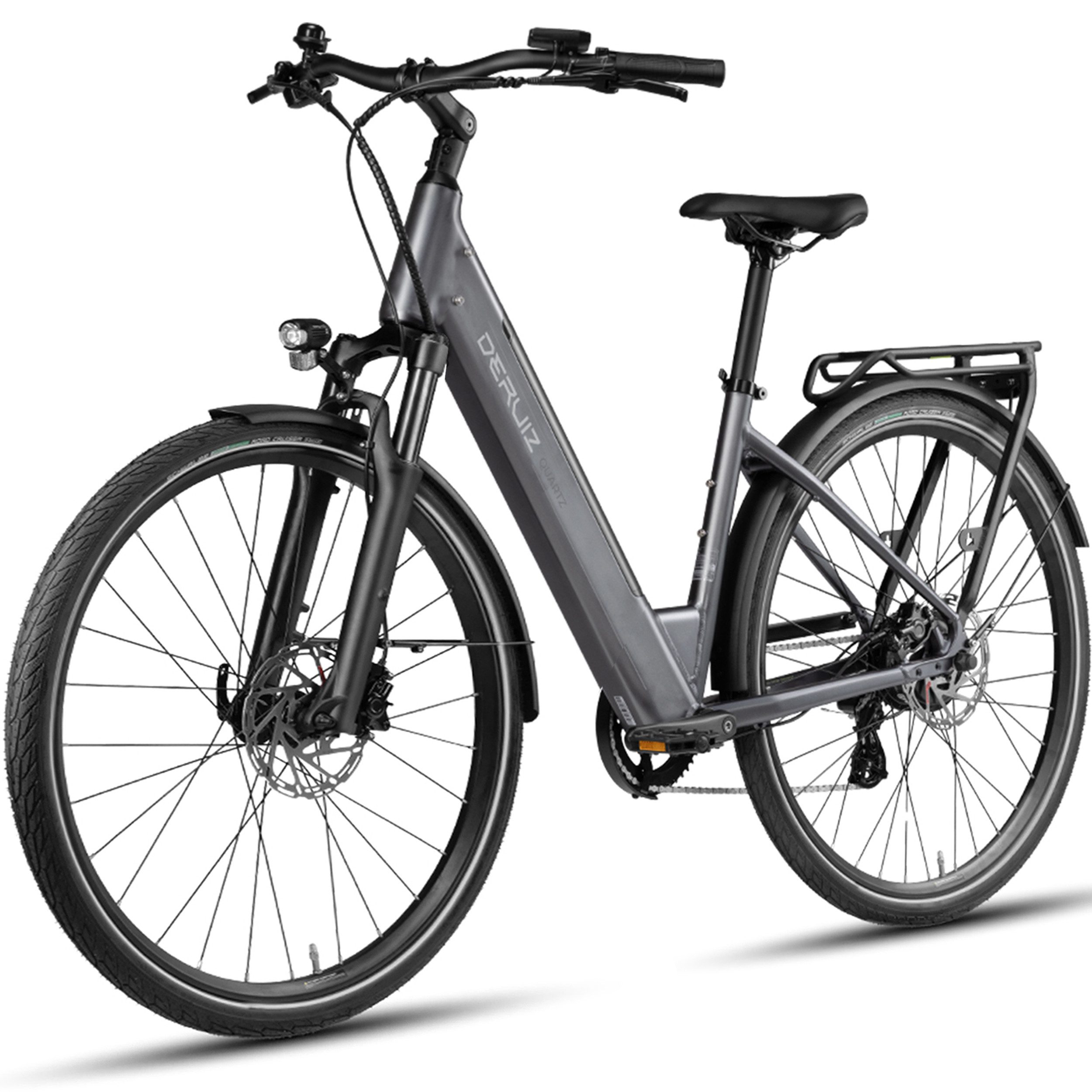 DERUIZ E-Bike Cityrad 28 Zoll für Damen und Herren, Bluetooth+App, Elektrofahrrad 161km, 8 Gang Shimano Altus RD-M310 Schaltwerk, Kettenschaltung, Heckmotor, 644 Wh, (Federgabel mit Lockout, Drehmomentsensor, mit Bremslicht), Quartz 2026, nur ca. 24kg, Einheitsgröße: 44cm, Hydr. Scheibenbremsen