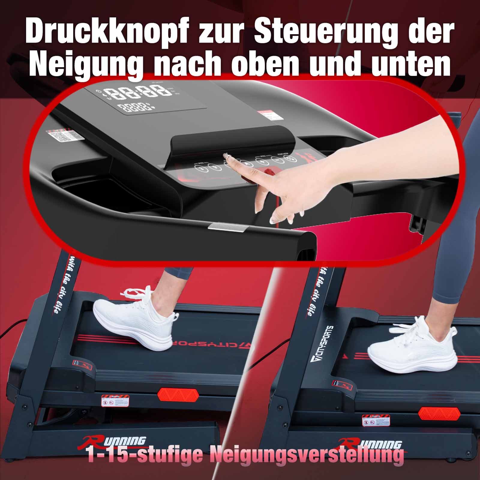 CITYSPORTS Laufband Laufband für zu Hause, Elektrischer Winkellift 15 St. mit Bosch motor, Mit Puls Max Tragfähigkeit 200kg, 2200W Motor Walking-Jogging-Pad