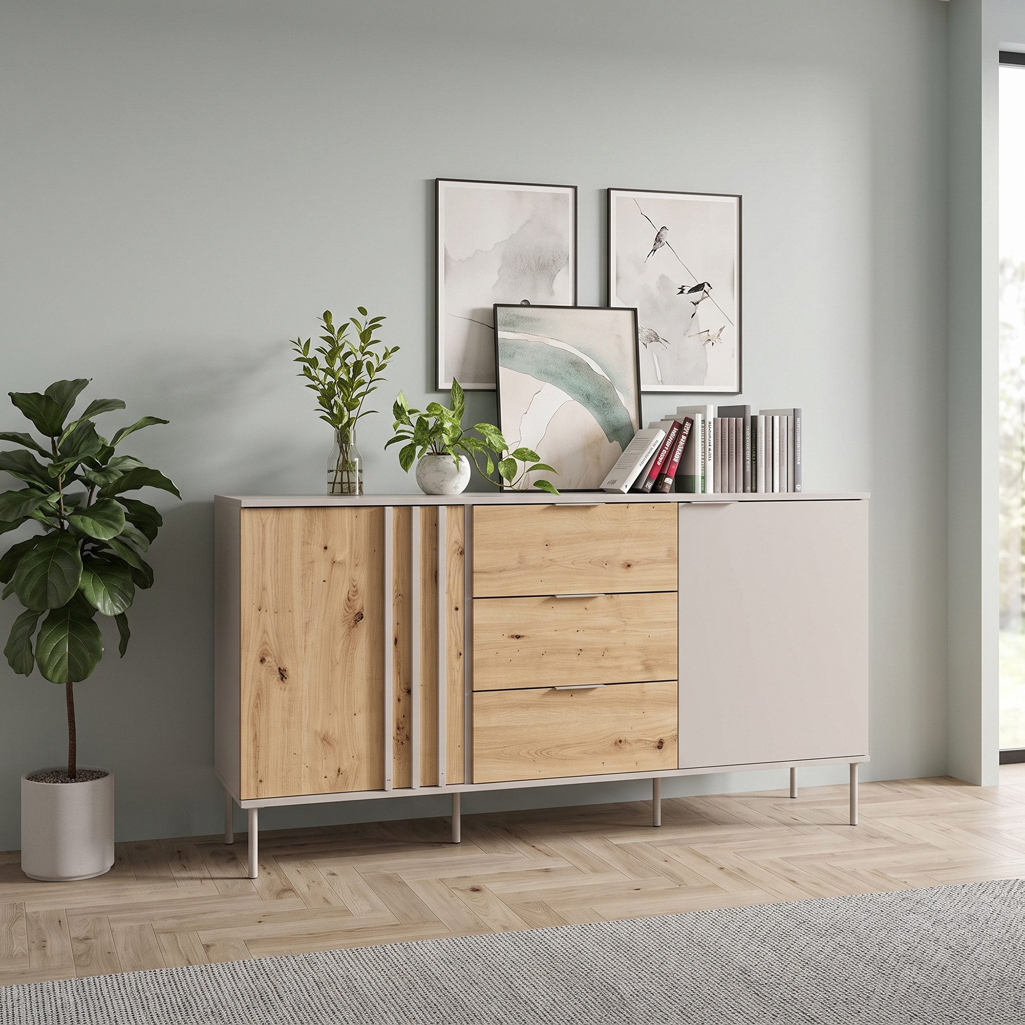 Lomadox Sideboard RENNES-166, Eiche mit Kaschmir, 2 Türen, 3 Schublade, fühlbare Lamellen