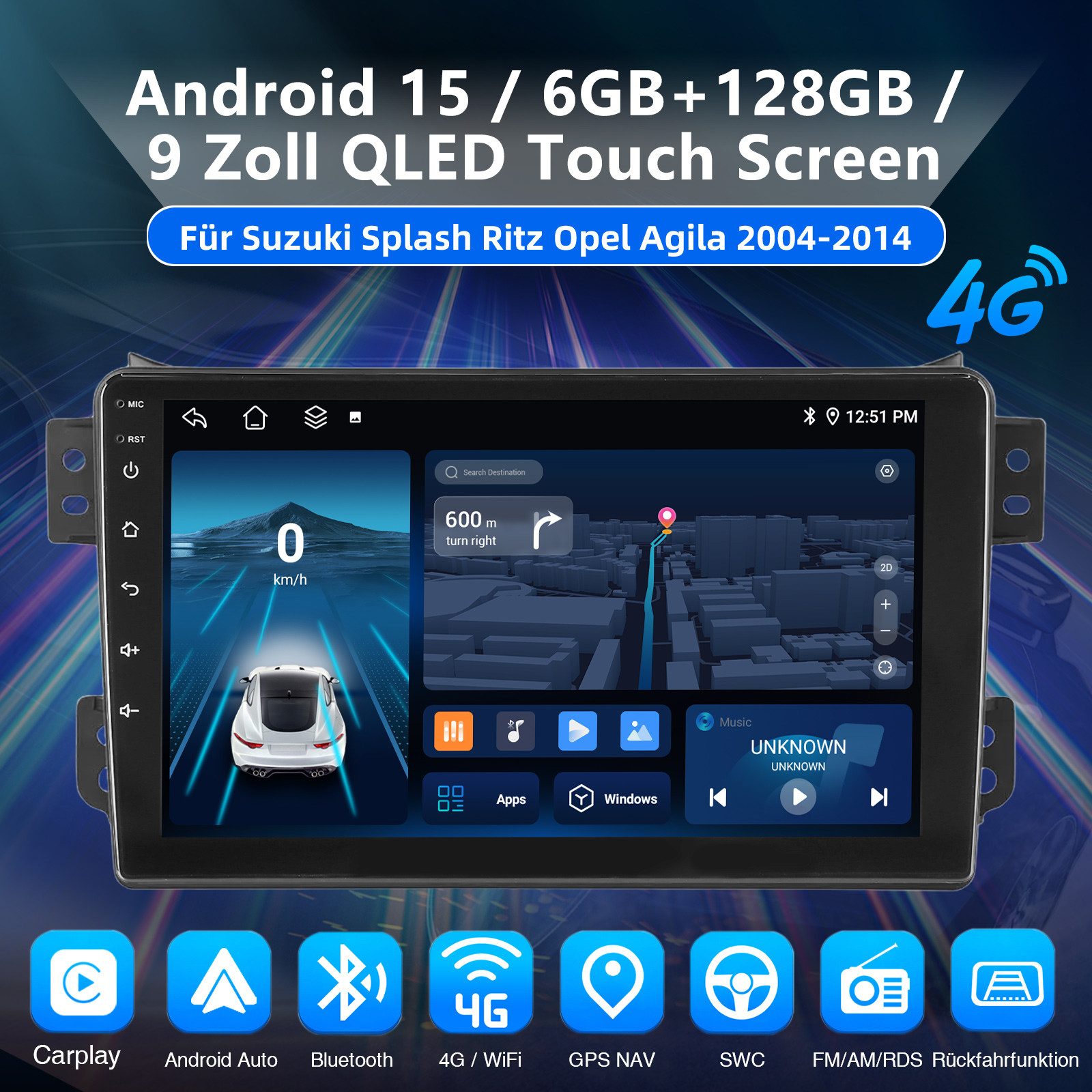 ESSGOO DAB+ Carplay 6+128G Android 15 Für Suzuki Splash Opel Agila B RDS NAVI Autoradio (Digitalradio (DAB), RDS, 6GB+128GB, AM, FM, 4G, Carplay Android Auto Bluetooth EQ USB GPS Navi WIFI Touchscreen)