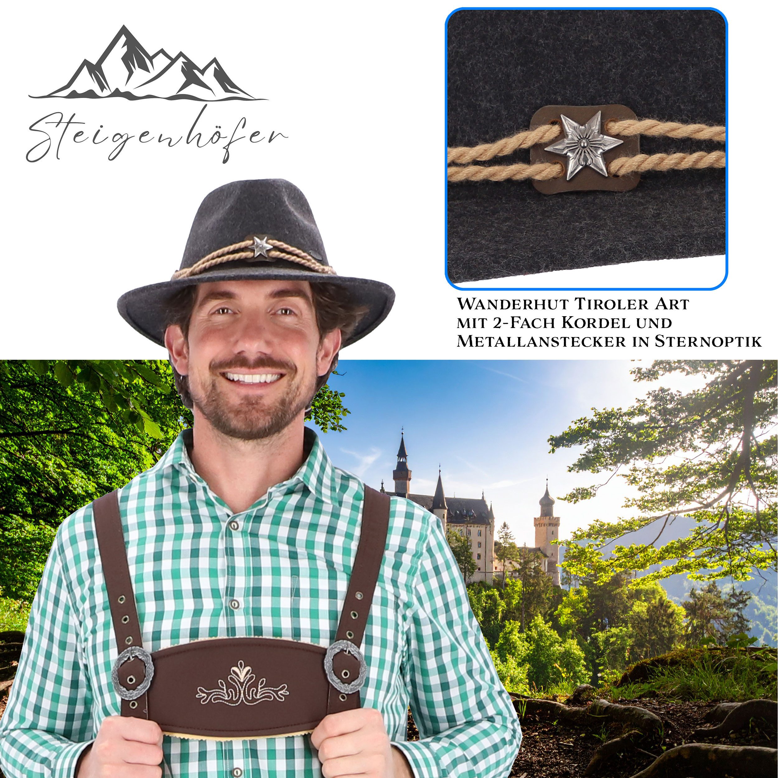Steigenhöfer Manufaktur Trachtenhut Herren Georg - bayrischer Wanderhut Tiroler Art aus 100% Schurwolle Größenverstellbar und integriertes Schweißband, Ideal fürs Oktoberfest