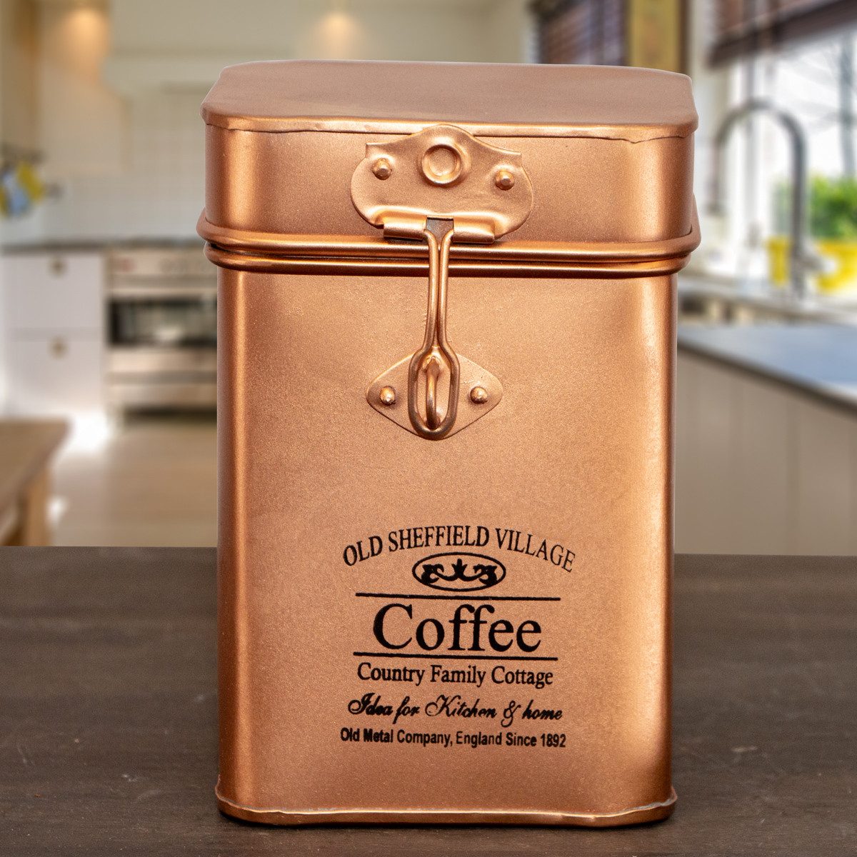 Antikas Wanddekoobjekt Eisendose für Kaffee, Kupfergold, Vorratsdose, Dekoration