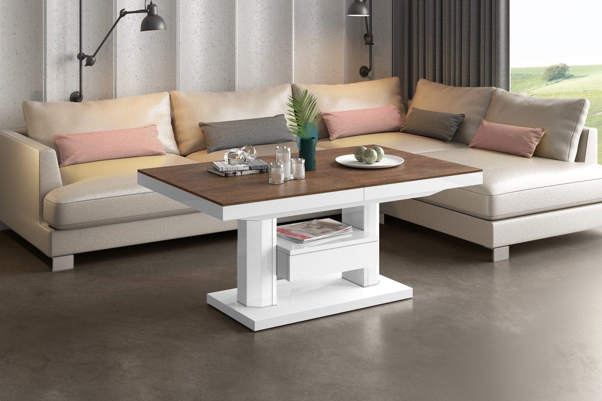 designimpex Couchtisch Design Tisch HM-120 Hochglanz stufenlos höhenverstellbar ausziehbar Rostoptik matt - Weiß Hochglanz