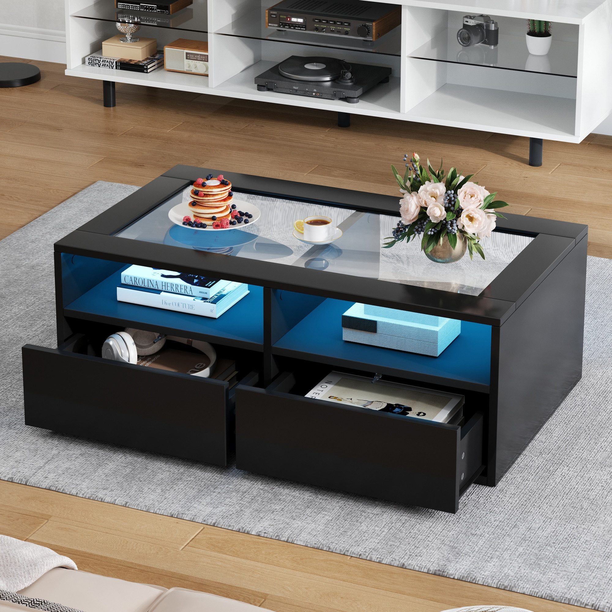 Merax Couchtisch Wohnzimmertisch Beistelltisch mit LED-Beleuchtung (100×50×35 cm, 1-St., zweistöckigem Design & modernem Look), Sofatisch mit gehärteter Glaspla – Bild 4 von 5