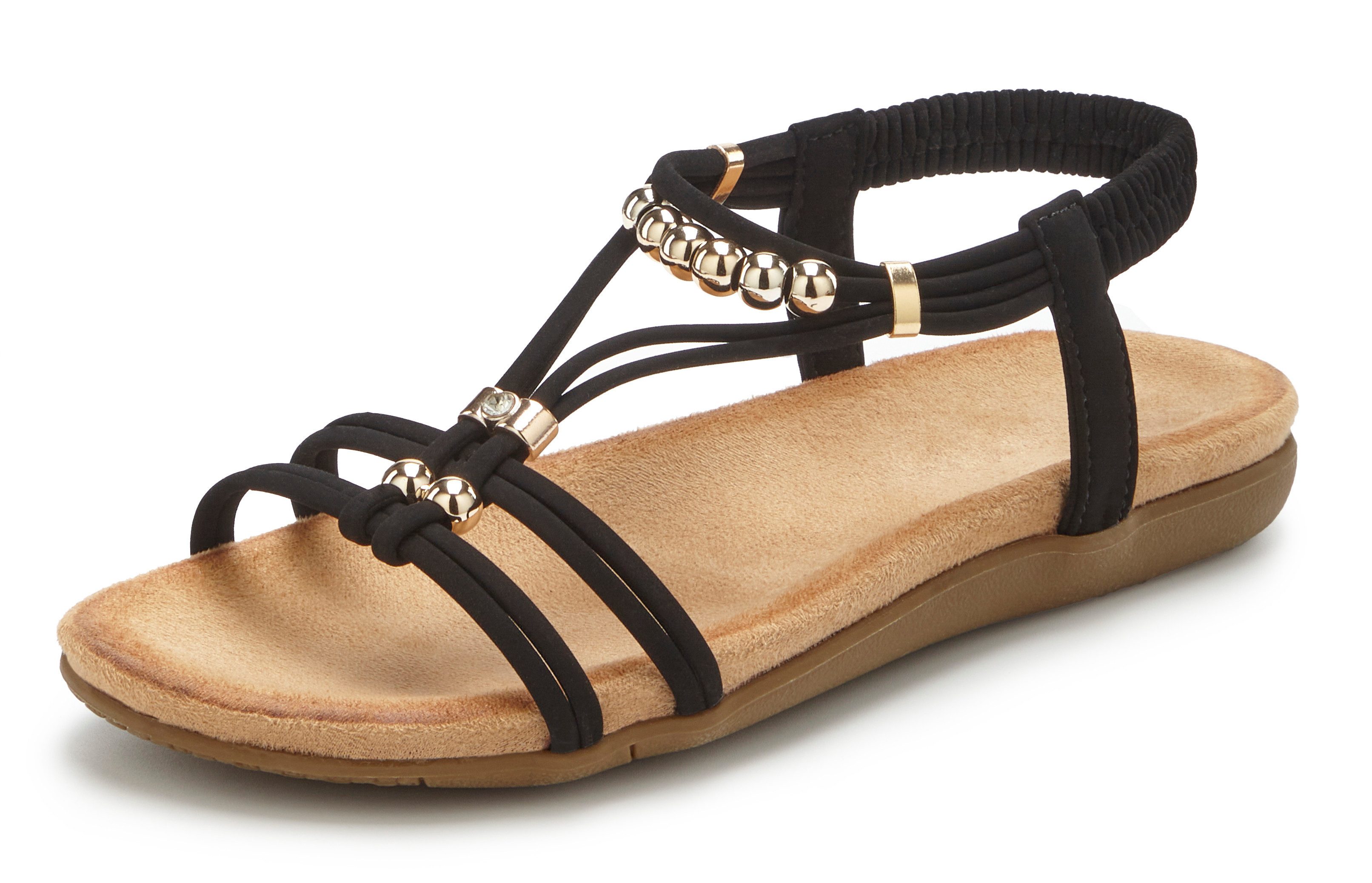 LASCANA Sommerschuh, offener Schuh, Sandale NEU mit elastischen Riemchen und kleinen Perlenelementen VEGAN