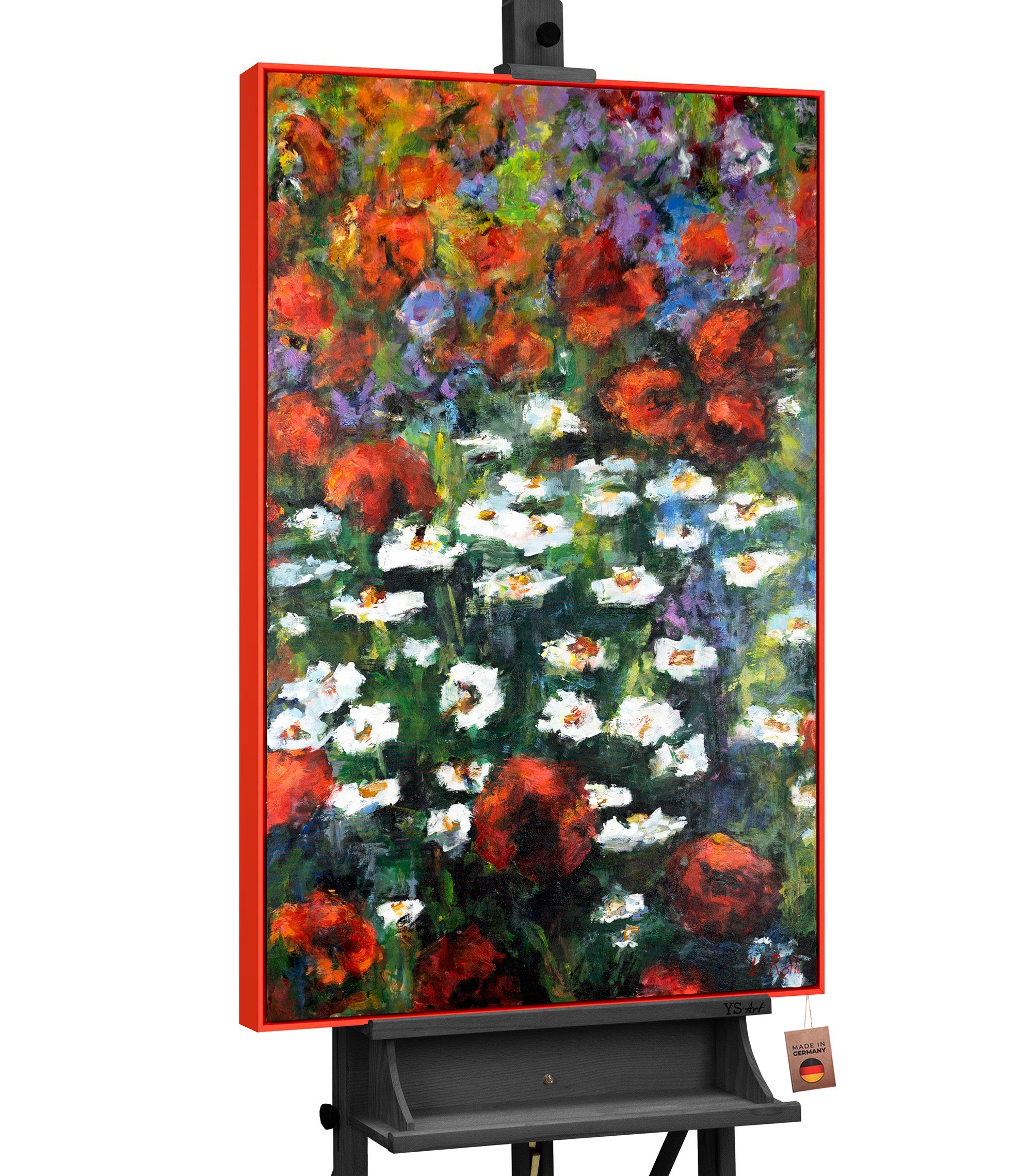 YS-Art Gemälde Blühende Weiten, Blumen Mit Rahmen in Rot