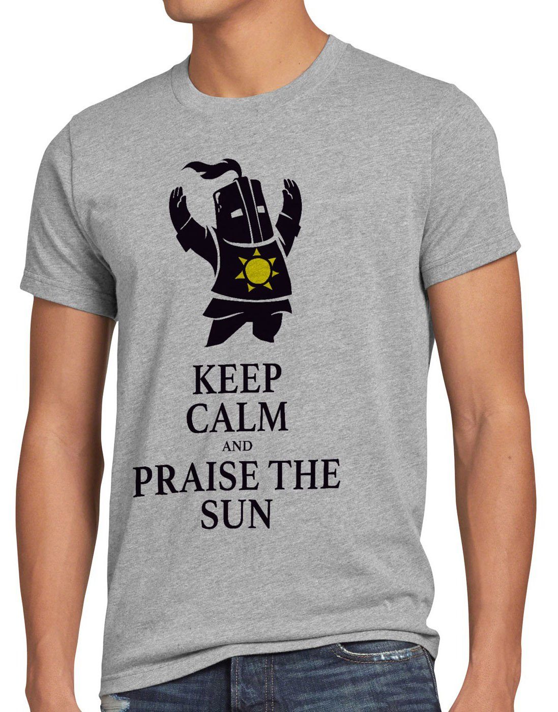 style3 Print-Shirt Herren T-Shirt Keep Calm Praise the Sun Dark Sunbro Solaire Souls Sonnen Ritter grau meliert