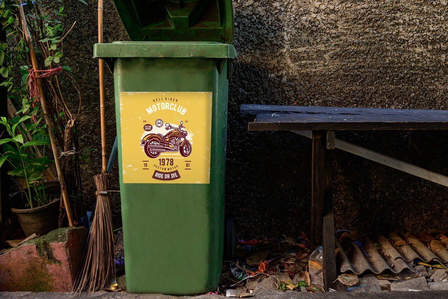 (1 Gelb Wandsticker Container, Retro Mülltonne, - Sticker, St), Abfalbehälter Mülleimer-aufkleber, MuchoWow - Motorrad