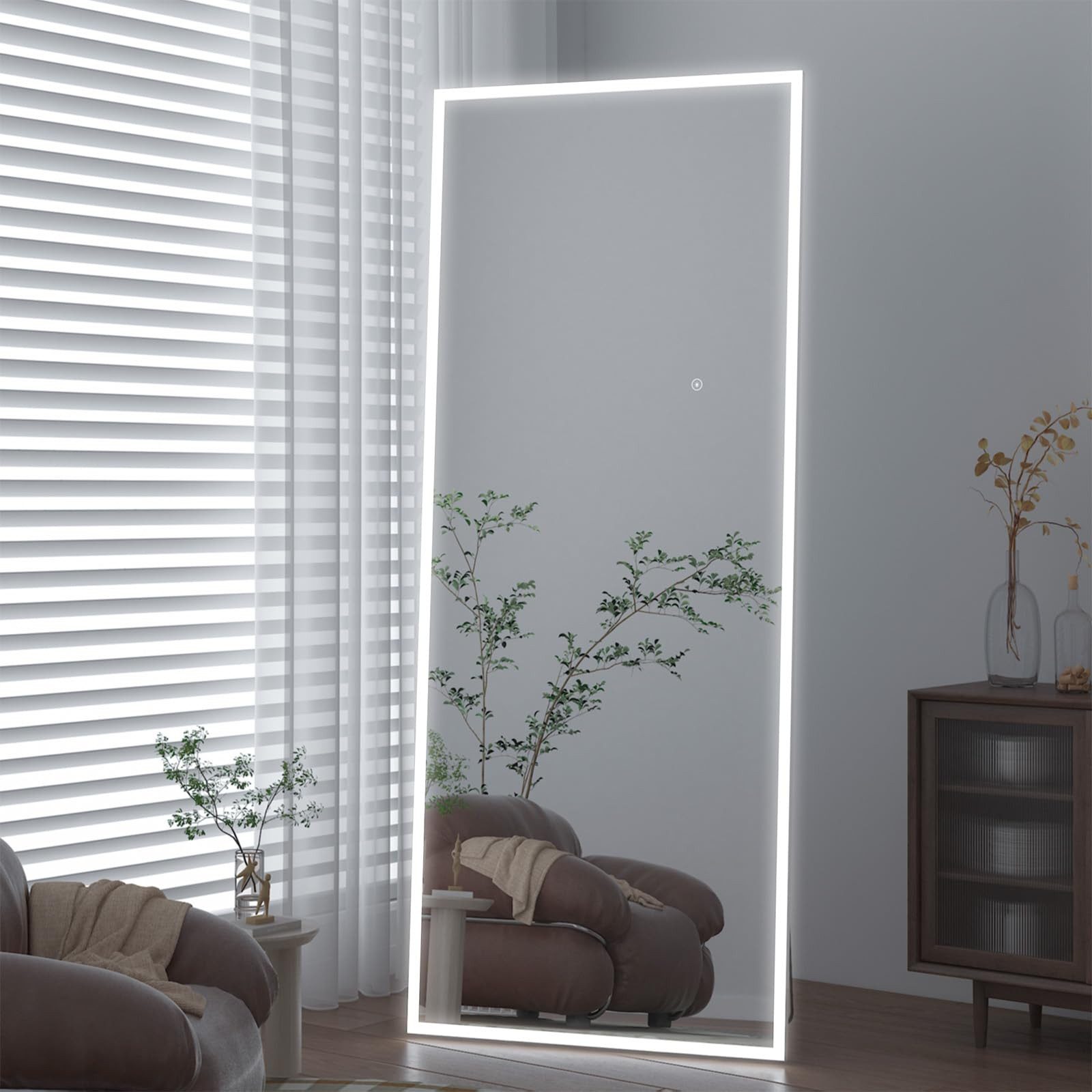 Elemango Ganzkörperspiegel LED-Bogenboden-Spiegel mit 3 Farbwechseln, 165x60 cm, Aluminiumrahmen, Ganzkörperspiegel mit Halterung,Beleuchteter Bodenspiegel