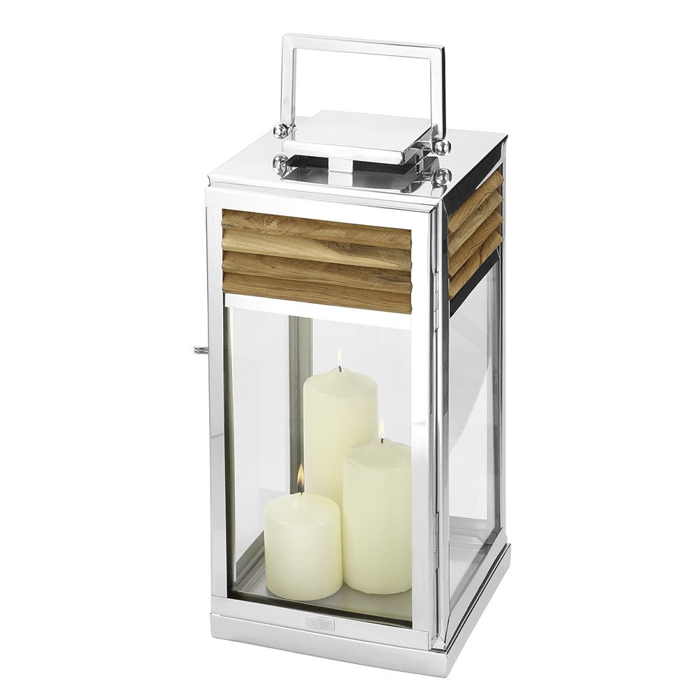 Fink Kerzenlaterne GENUA Laterne - H.51cm - braun/silberfarben - Edelstahl /Teakholz (Leuchte - Tischlaterne), Lichtlaterne mit Lampenhalter - Vielseitige Lichtquelle für Zuhause