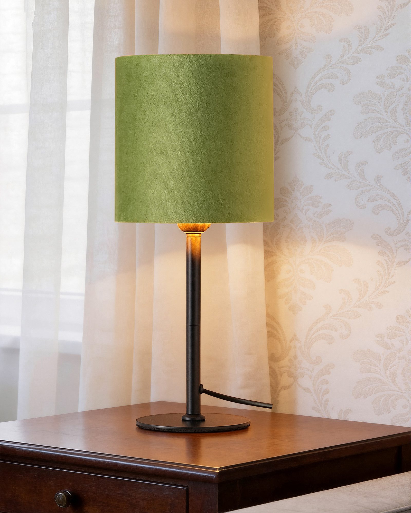 EDISHINE Nachttischlampe mit schwarzem Metallsockel und Samtschirm, LED wechselbar, Warmweiß, Grüne Gold Vintage Tischlampe inkl. 2700K LED Leuchtmittel, 38cm