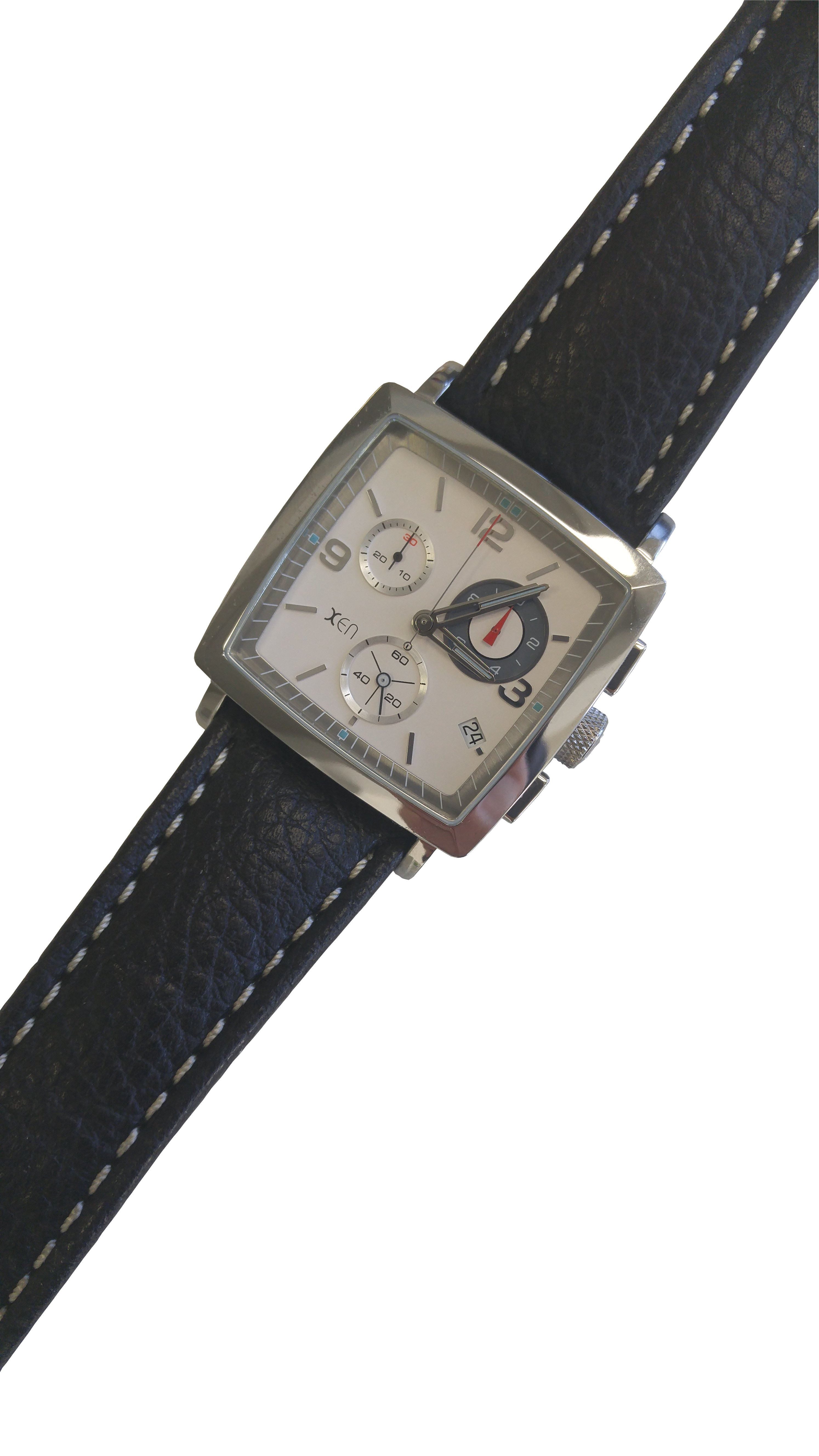 XEN Quarzuhr Herren Chronograph Edelstahl Lederband Büffel Schwarz Tag 5 Bar XQ0060, Gehäuseboden mit Schrauben verschraubt