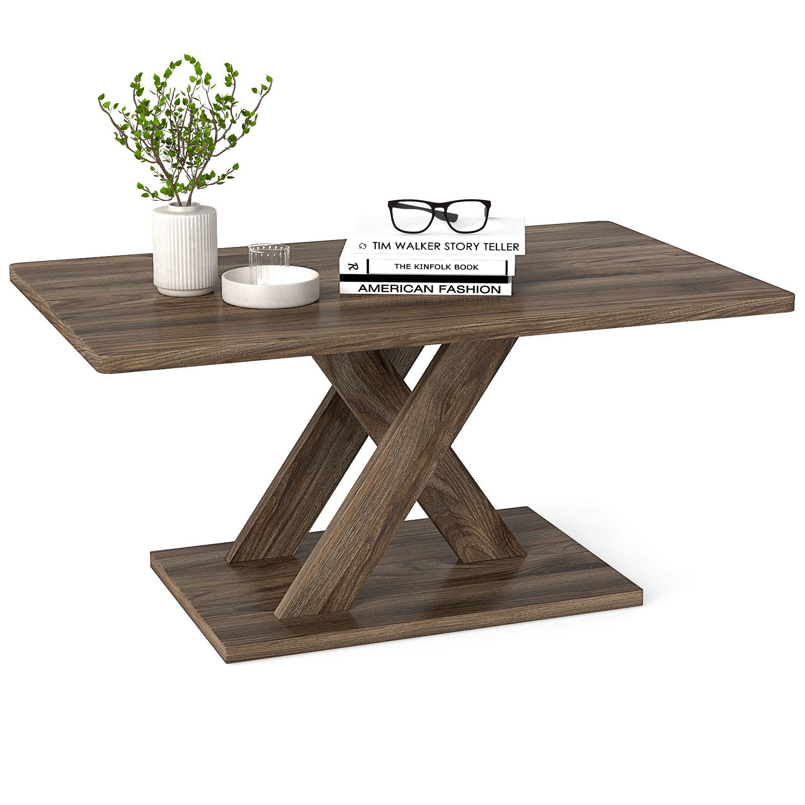 COSTWAY Couchtisch Wohnzimmertisch mit Holzoptik, geometrischem Design, Holz Braun