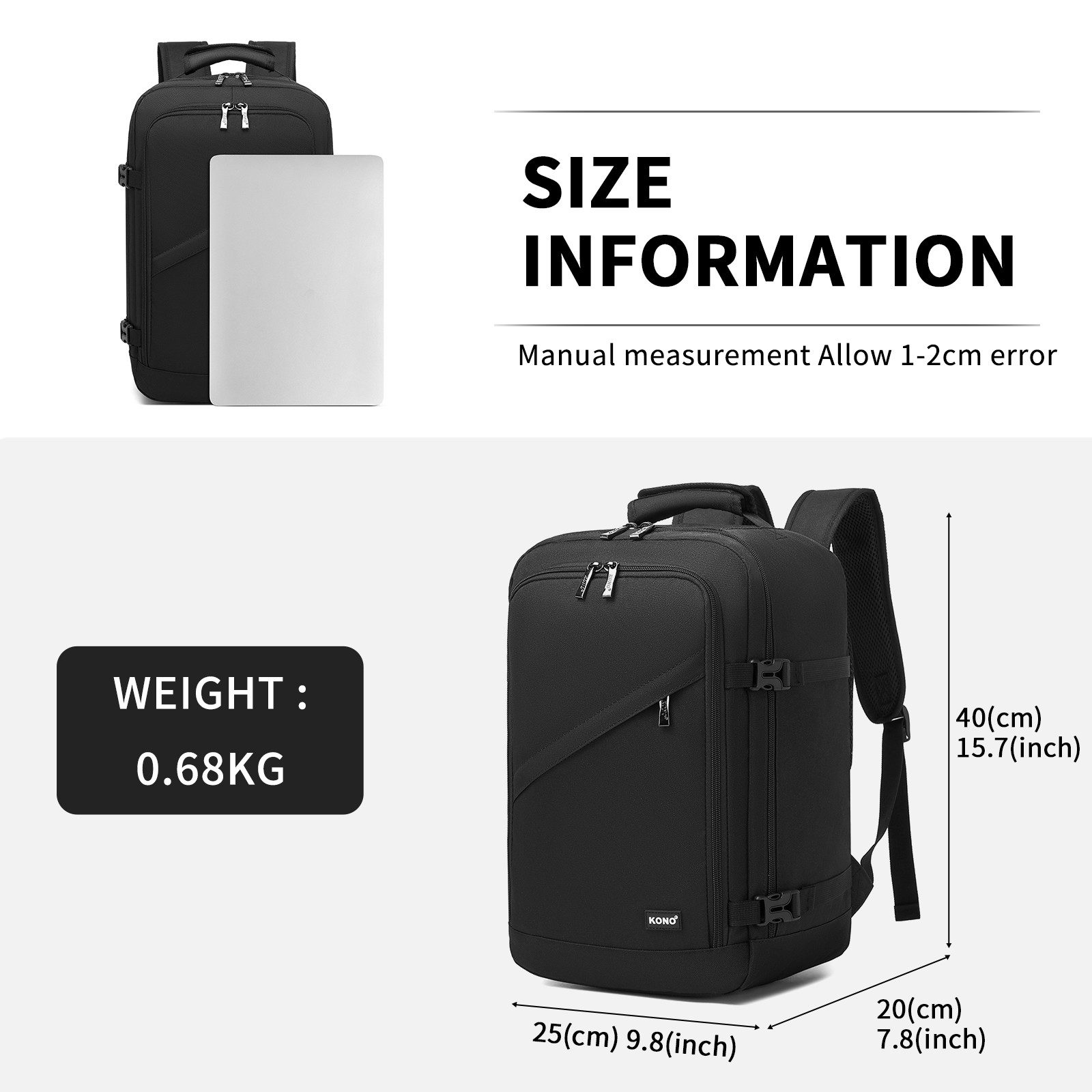 KONO Tagesrucksack 20L, Kabinenrucksack 40x20x25 cm für für Ryanair, Unter-Sitz-Tasche