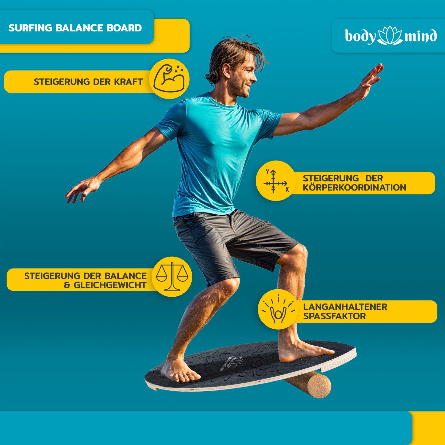 Body & Mind Balanceboard Surf Balance Board – Holz Wackelbrett mit Korkrolle + Ständer & E‑Book, Trainiert Gleichgewicht & Koordination