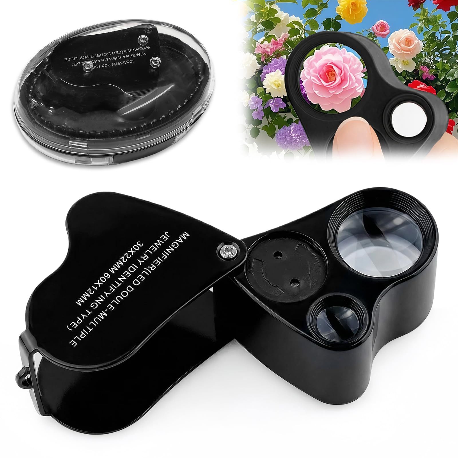 nsihing Lupenbrille Juwelier Lupe, 30X and 60X Vergrößerung, Metall Faltlupe mit LED, für Diamanten, Edelsteine, Schmuck, Briefmarken, Münzen