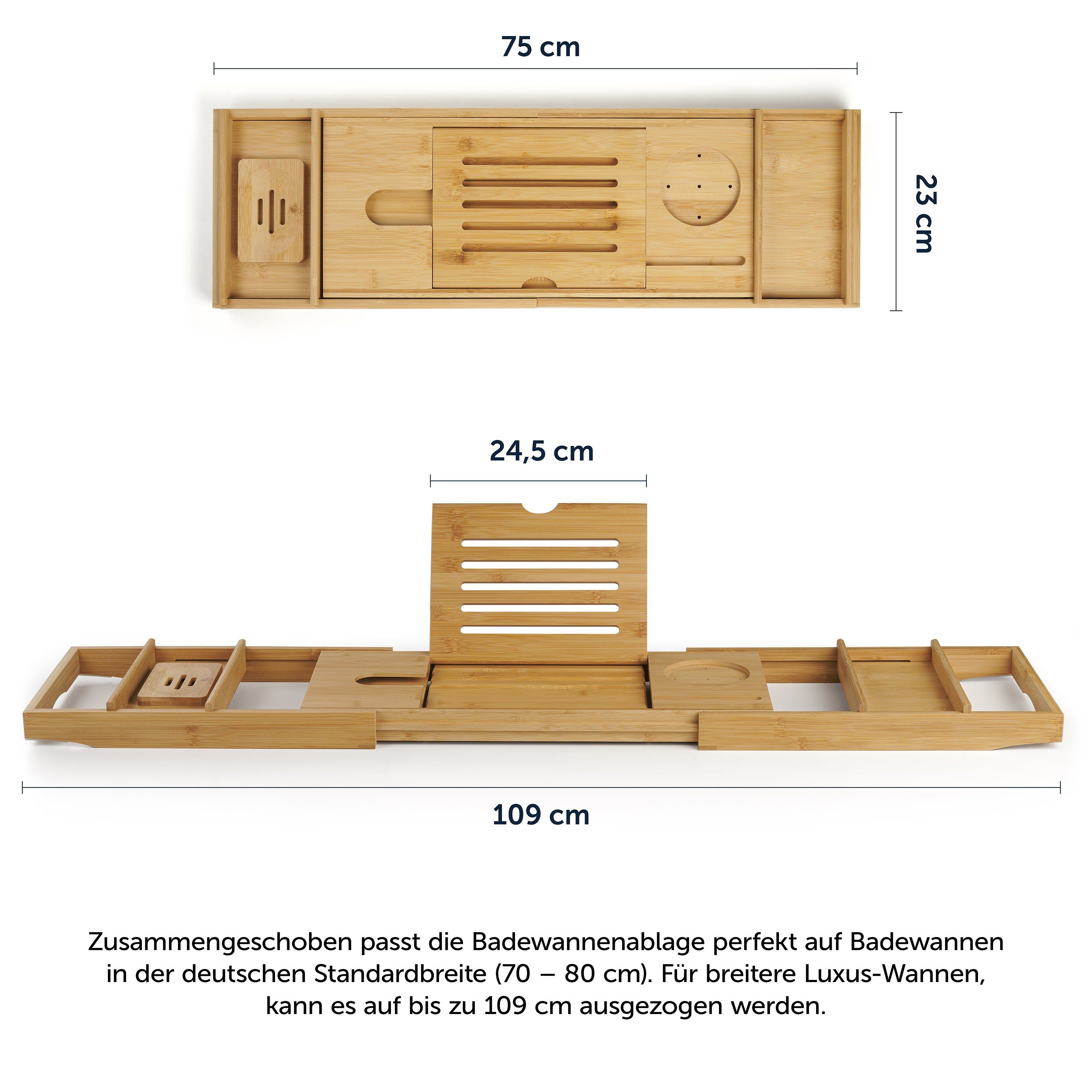 Blumtal Badewannenablage (Bambus), Natur Ablageflächen, Badewannentablett Badewannenablage Holz ausziehbares Badewannenbrett rutschfestes komfortablen 