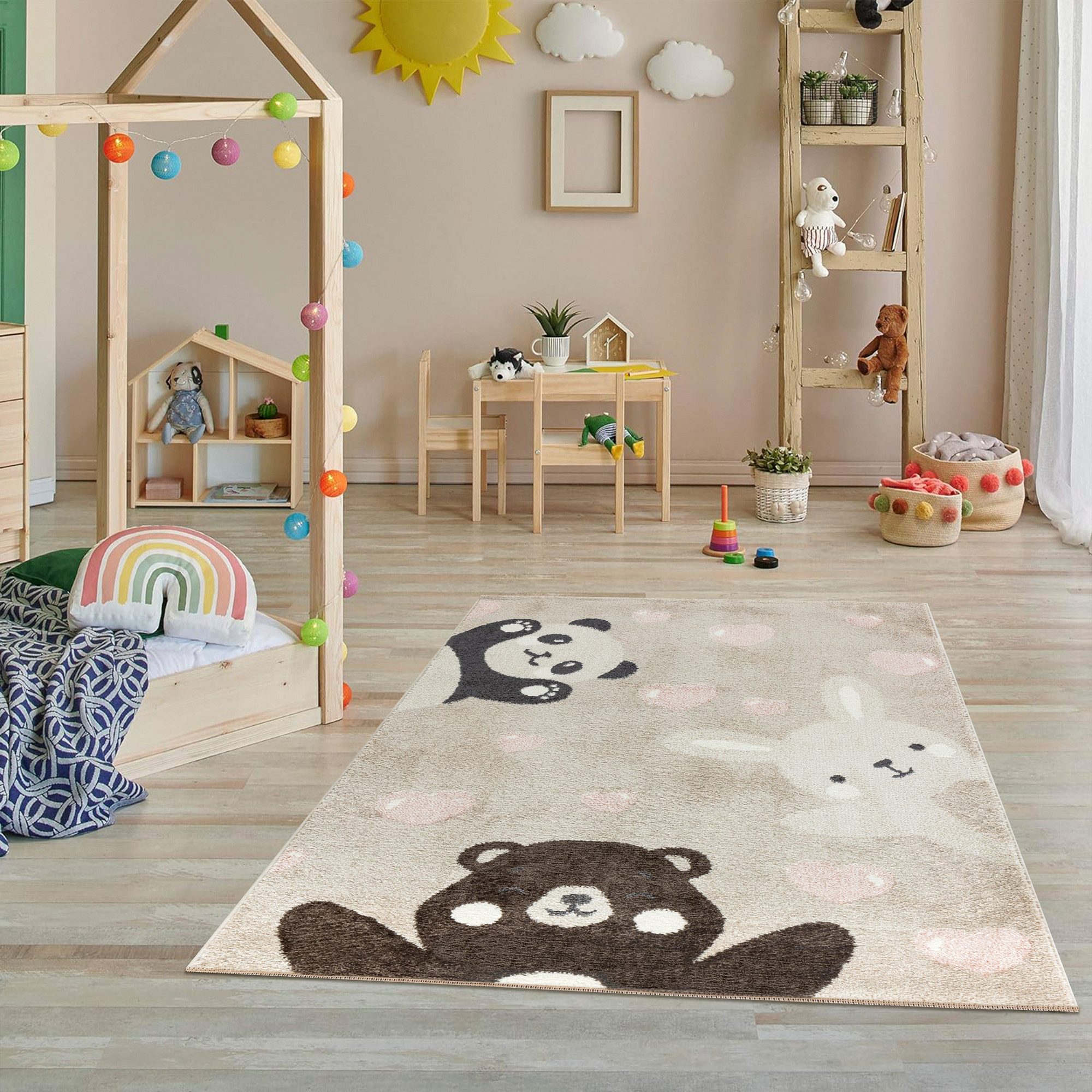 Jimri Kinderteppich Happy Friends Teppich für Kinderzimmer, Kinderteppich Bär Hase Panda, Läufer