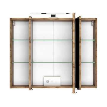 Lomadox Badmöbel-Set LAURIA-03, (Spar-Set, 4-St), inkl. Glasbecken grau und Beleuchtung in Wotaneiche Nb. 200x200x49 cm