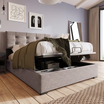 WISHDOR Polsterbett Einzelbett Polsterbett Bett mit Lattenrost aus Metallrahmen, (90x200cm), Verstellbares Kopfteil, Samt