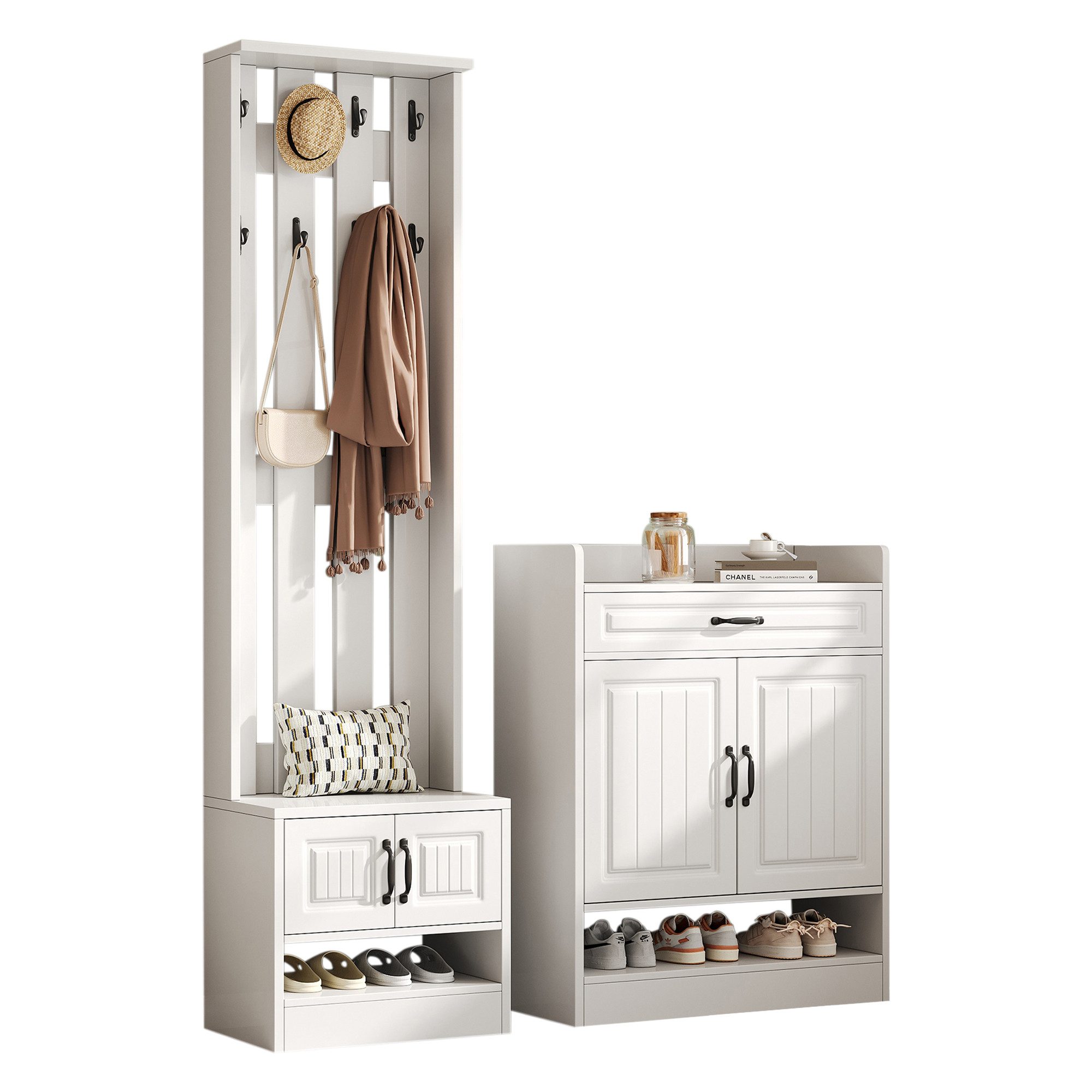 Refined Living Garderoben-Set Garderoben-Set mit Sitzbank, 4 Türen, Schublade & 8 Haken,Schuhschrank, (B125×T36×H190 cm, Flurgarderobe, Schuhschrank mit Sitzbank, 4 Türen, 1 Schublade, 8 Haken, 1-St., viel Stauraum, All-in-One Möbel, modern, Weiß, platzsparend), stabil, mit Kippsicherung, für Flur, Diele, kleine Wohnungen