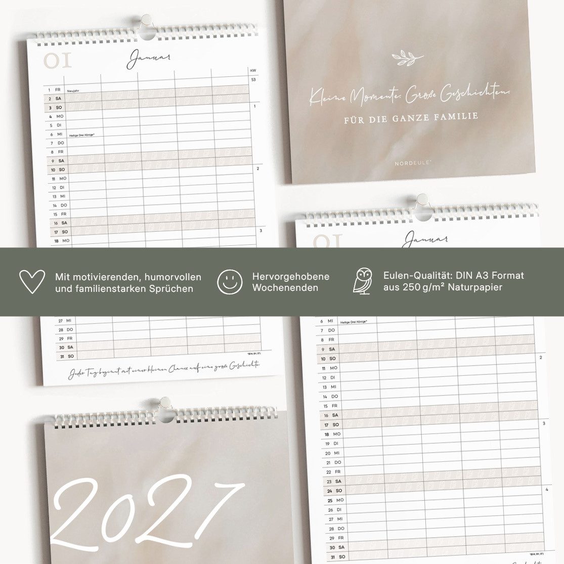 NORDEULE Familienkalender A3 Beige, Wandkalender 2027 mit 5 Spalten, ideal für die ganze Familie, Paare, Geburtstage und als Geschenk – Bild 5 von 5