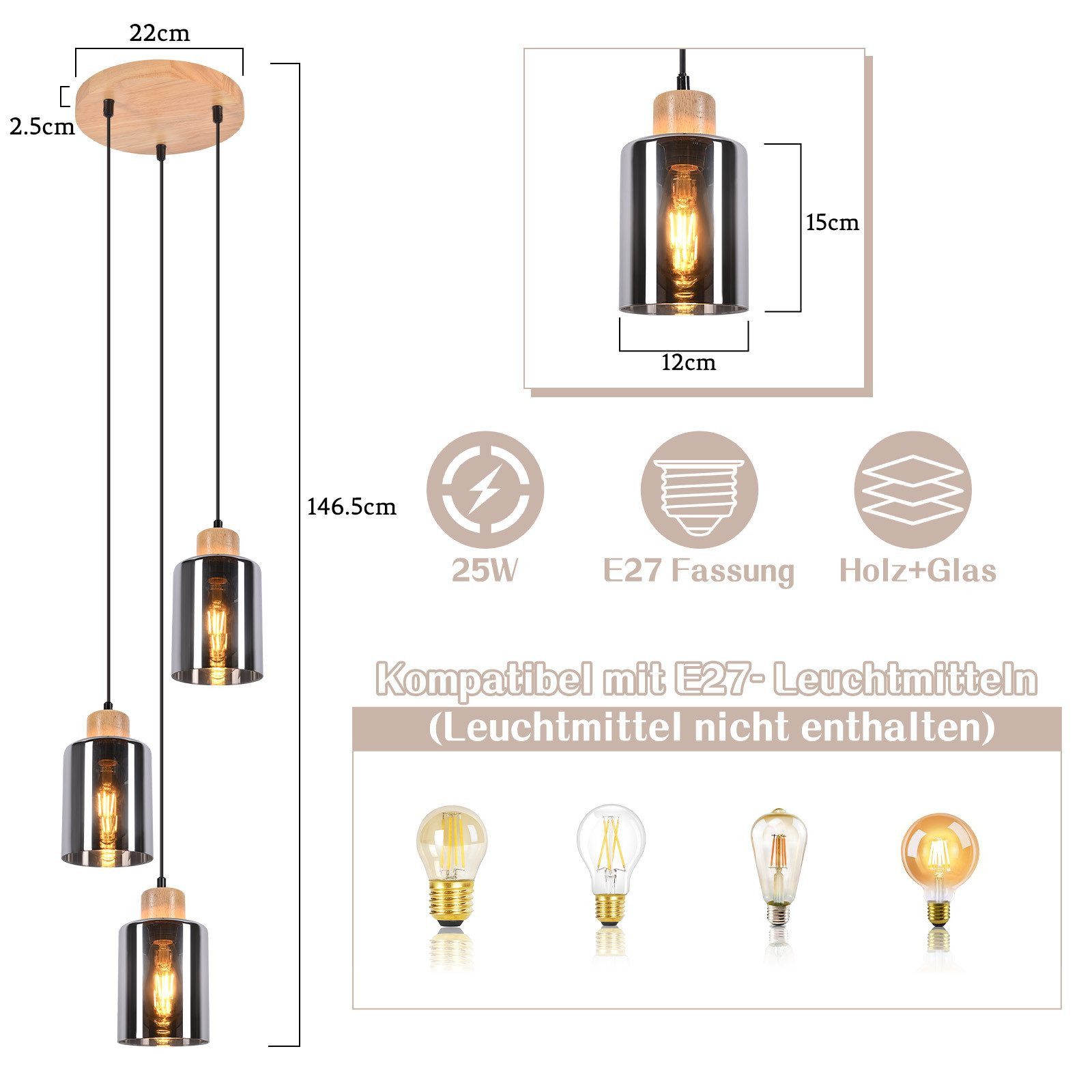Nettlife Pendelleuchte Vintage Holz 1/3/4 flammig Industrial Hängelampe E27, Höhenverstellbar, LED wechselbar, Rauchglas Hängelampe für Küche Esszimmer Flur
