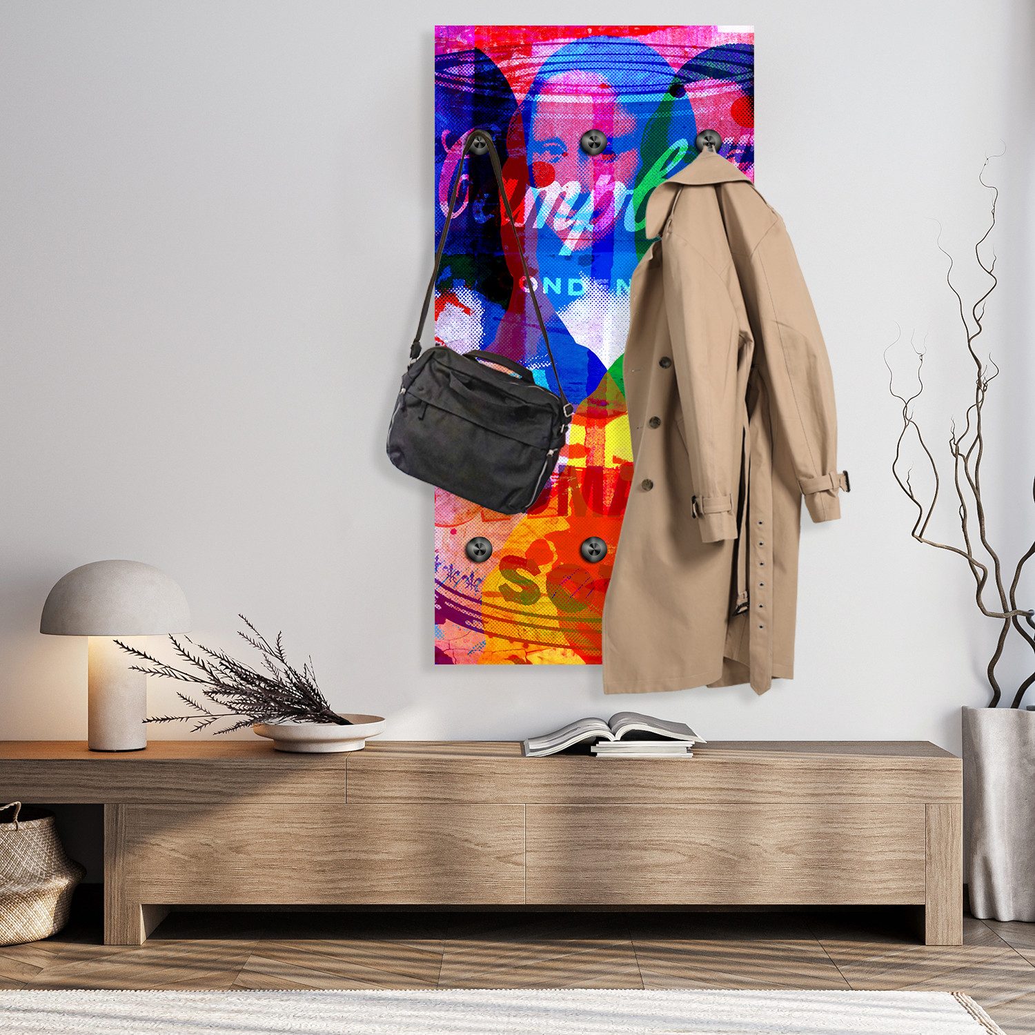 queence Wandgarderobe Mona Lisa Abstrakt Collage (1 St), Wandpaneel aus Acrylglas inkl. 6 Edelstahlhaken in schwarz matt
