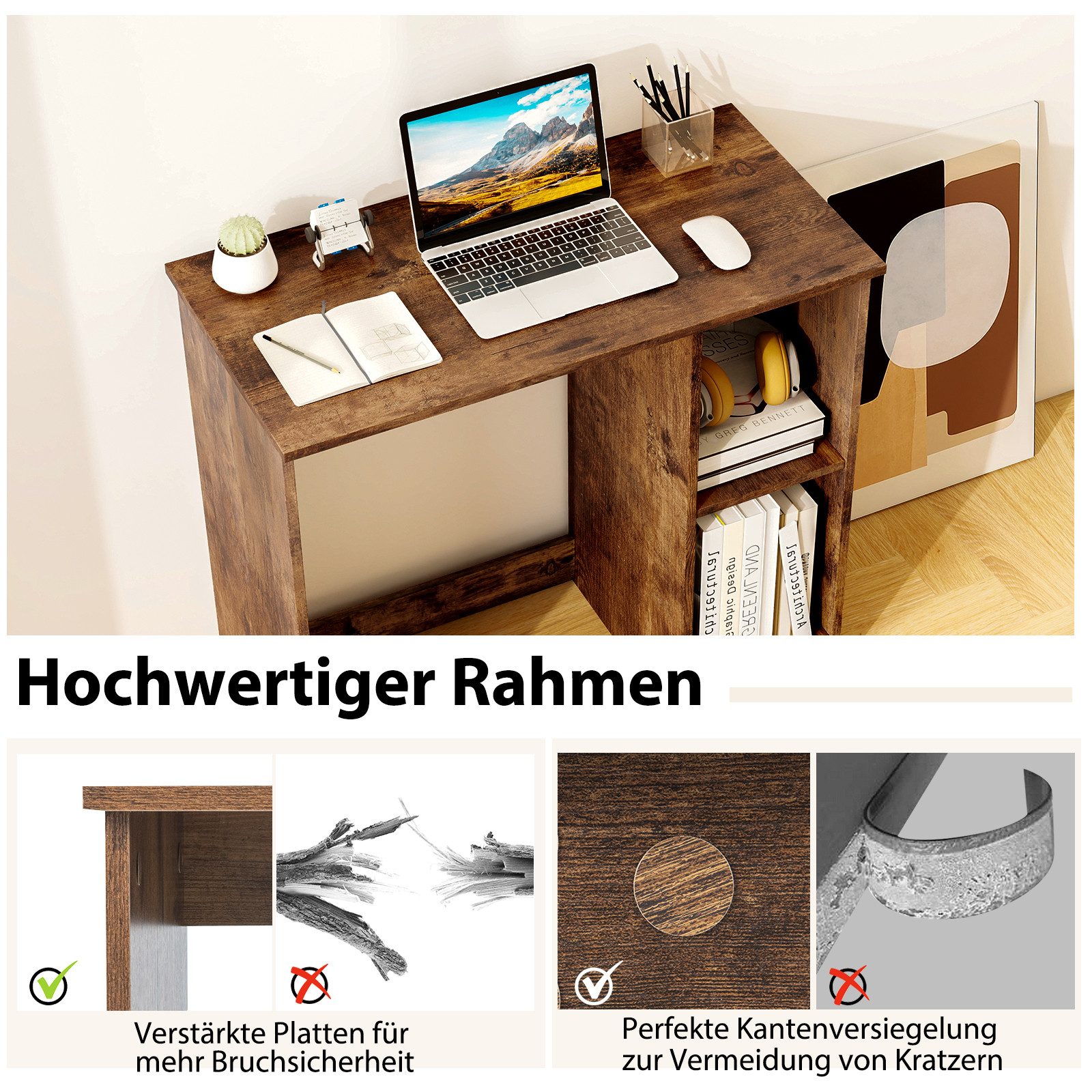 COSTWAY Schreibtisch, mit 2 Fächern, für kleine Räume, bis 130kg, 80x40x74cm