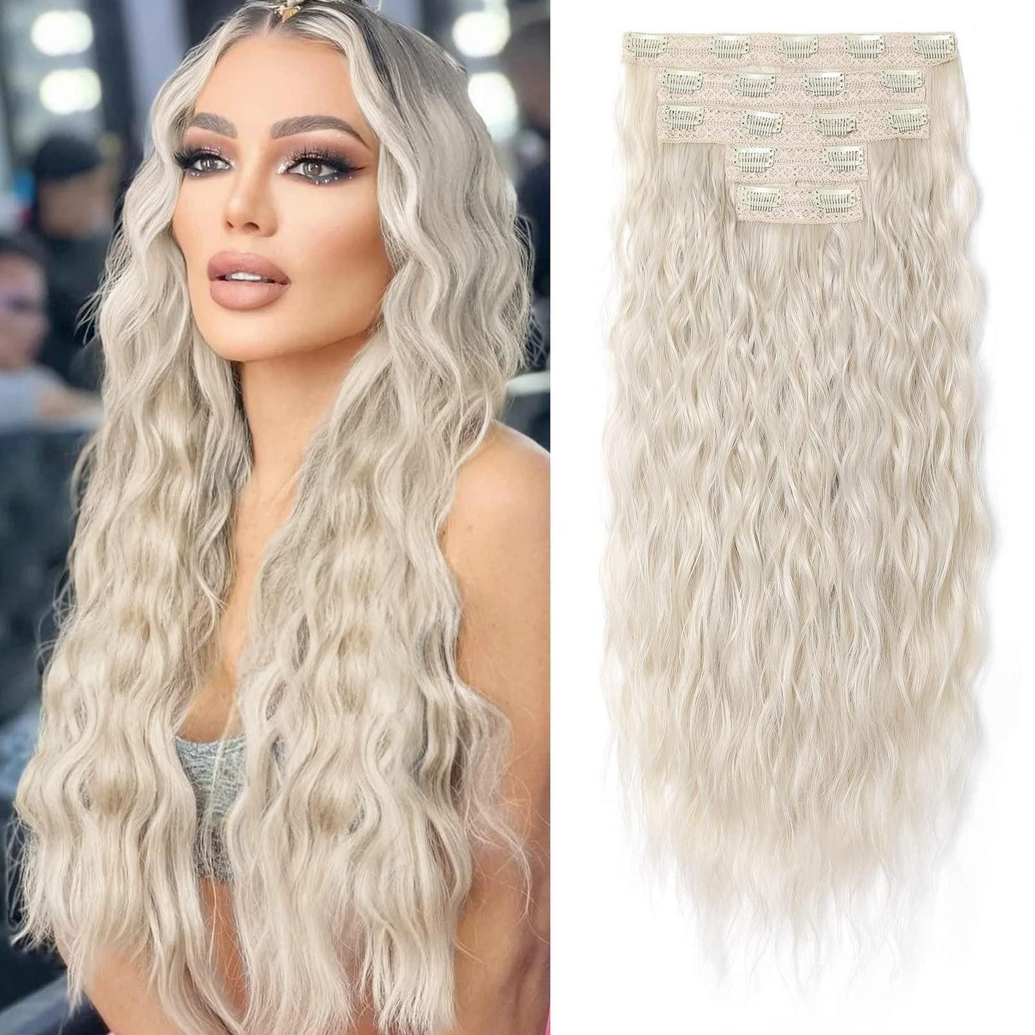 LuxusKollektion Kunsthaar-Extension Haarverlängerungen Clip in 5 Teile Wellen Spitze Flechte Platinblond
