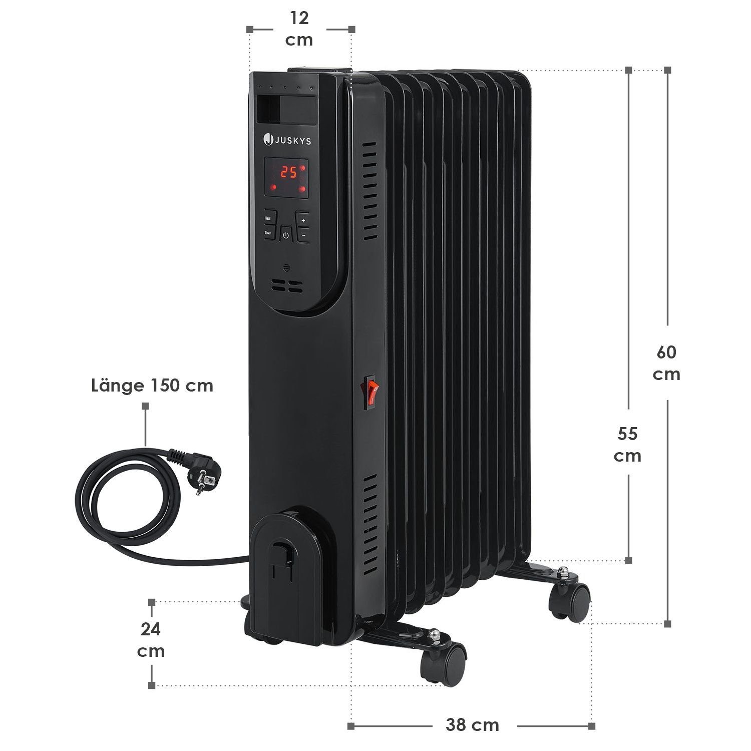 Juskys Ölradiator OH120BL3, Überhitzungsschutz, Rippen, 2000 Kabelhalterung Heizstufen, 9 3 W