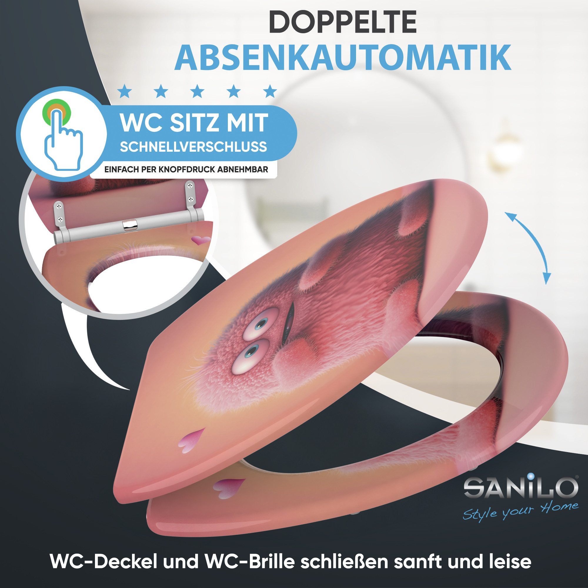 Sanilo WC-Sitz Coco mit Absenkautomatik & Quick Release, hochwertig, abnehmbar, leichte Montage von oben, mit Schraubenzieher