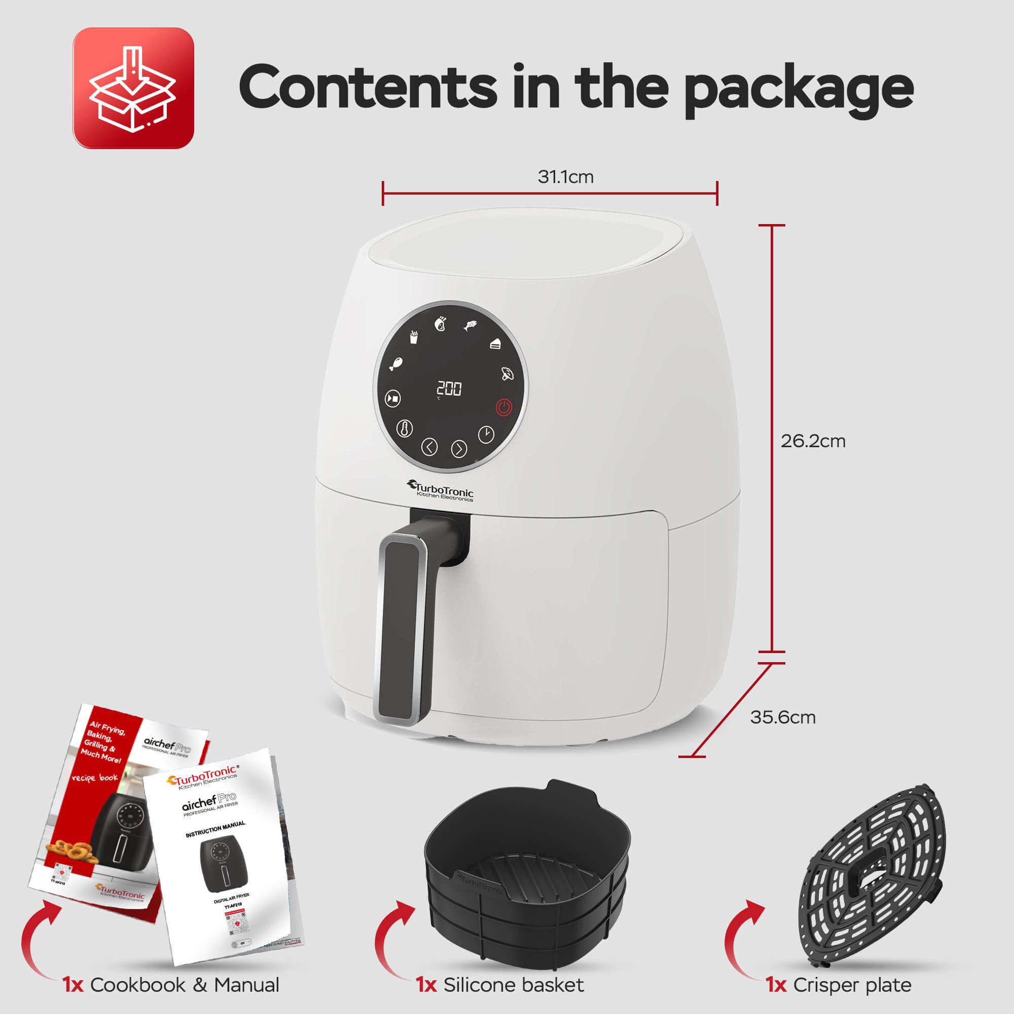 TurboTronic by Z-Line Heißluftfritteuse mit Silikoneinlage Digitaler Airfryer 6 Programme gesund kochen Grill, 1300 W, Knusprige Pommes ohne Öl