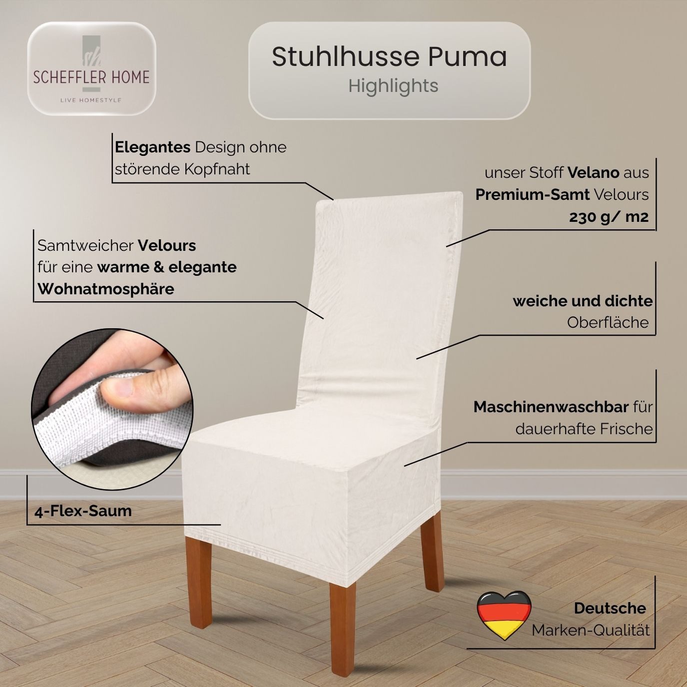 sh SCHEFFLER-HOME LIVE HOMESTYLE Stuhlhusse VelvetFit Puma – elastischer Stuhlbezug, für große Stühle, Samt-Optik, Idealmaße 46×66 cm Rückenlehne