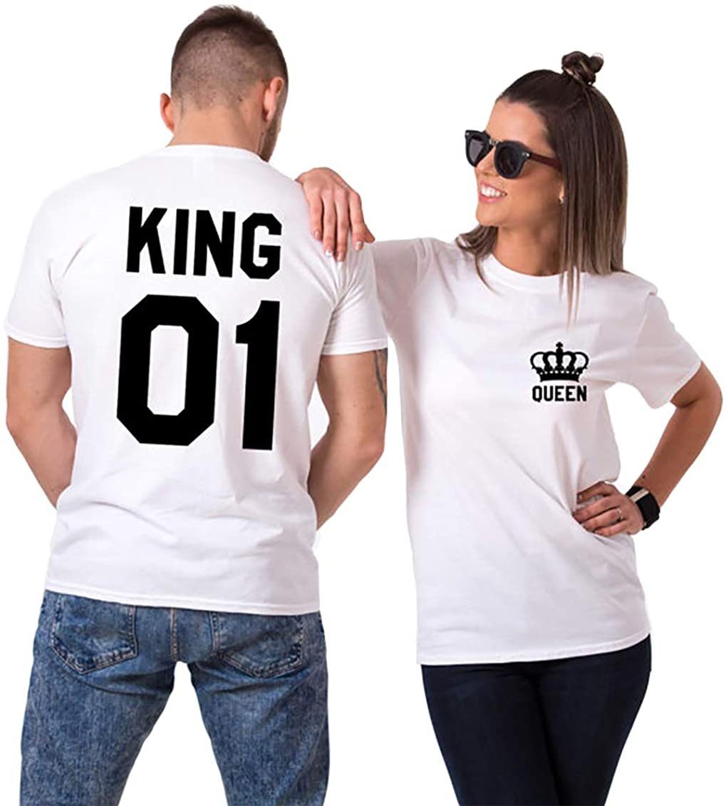 Couples Shop T-Shirt King & Queen Paar T-Shirt mit modischem Brust- und Rückenprint KING / Weiß