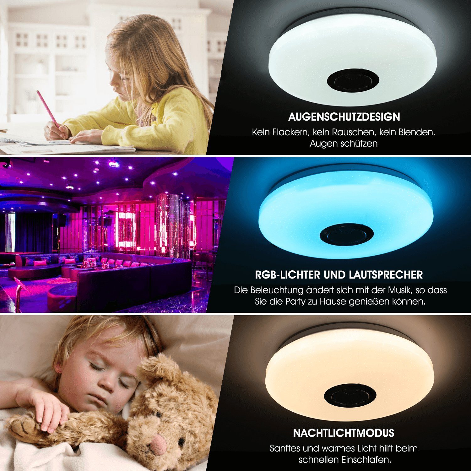 oyajia Deckenleuchte fest mit Wohnzimmer Lautsprecher Deckenlampe Badleuchte integriert, mit LED Lautsprecher, Lampe mit WIFI Sternenhimmel-Effekt, RGB Streamer-Licht 24W Dimmbar Küche Flur