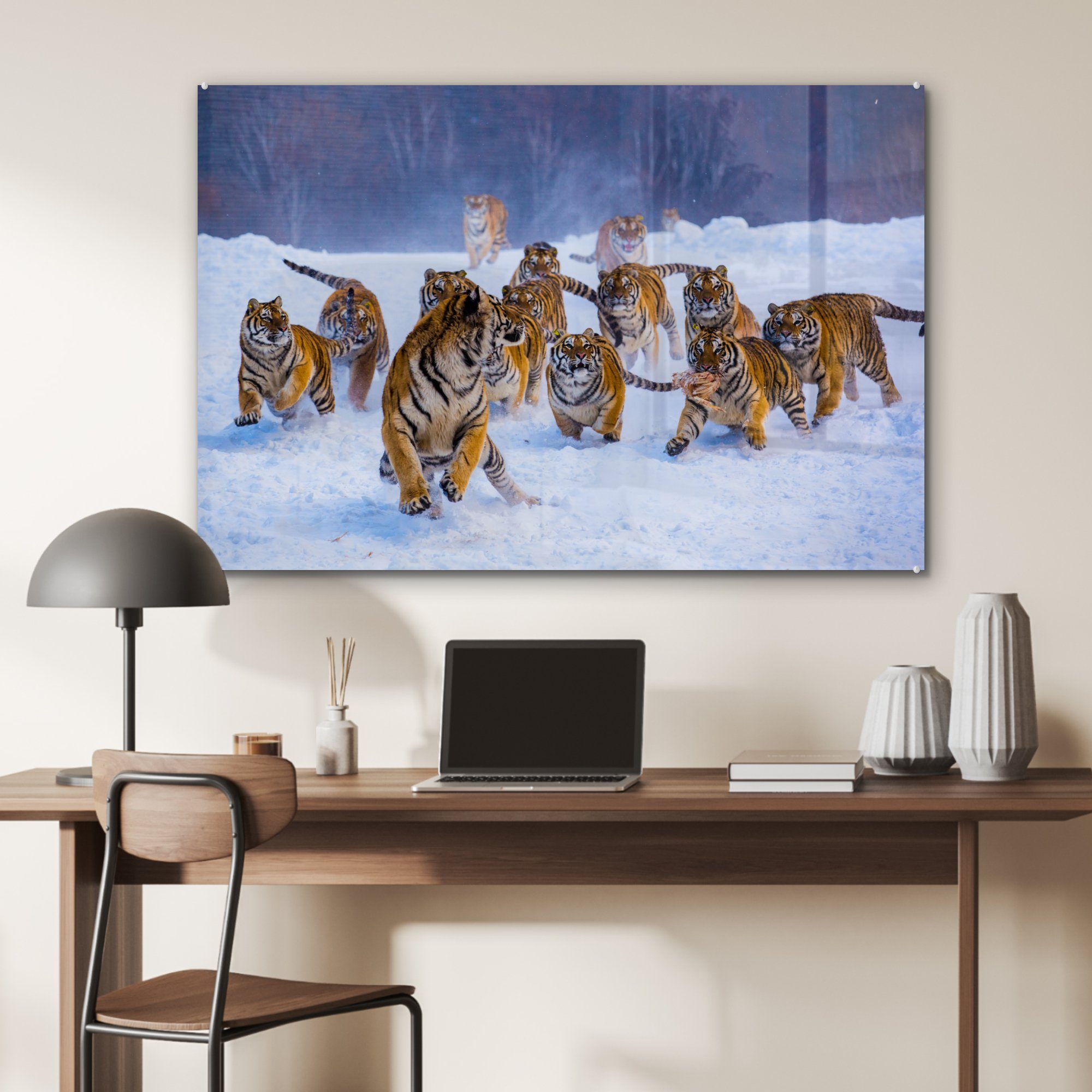 Acrylglasbilder Wohnzimmer St), (1 - Wilde Acrylglasbild Schlafzimmer & - - Winter, MuchoWow Tiere Tiger Schnee